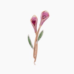 Ruby Pink Sapphire Green Garnet & Diamond Flower 18K Rose Gold Pin Brooch