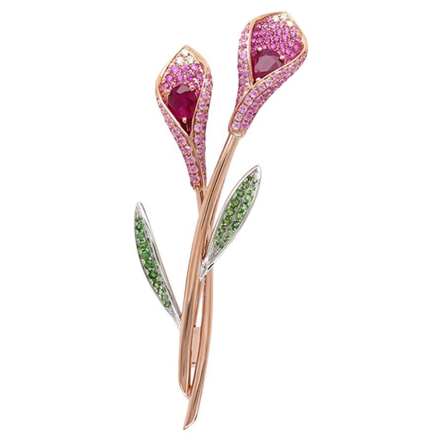 Broche en or rose 18 carats Ruby Pink Sapphire Green Garnet & Diamond Flower