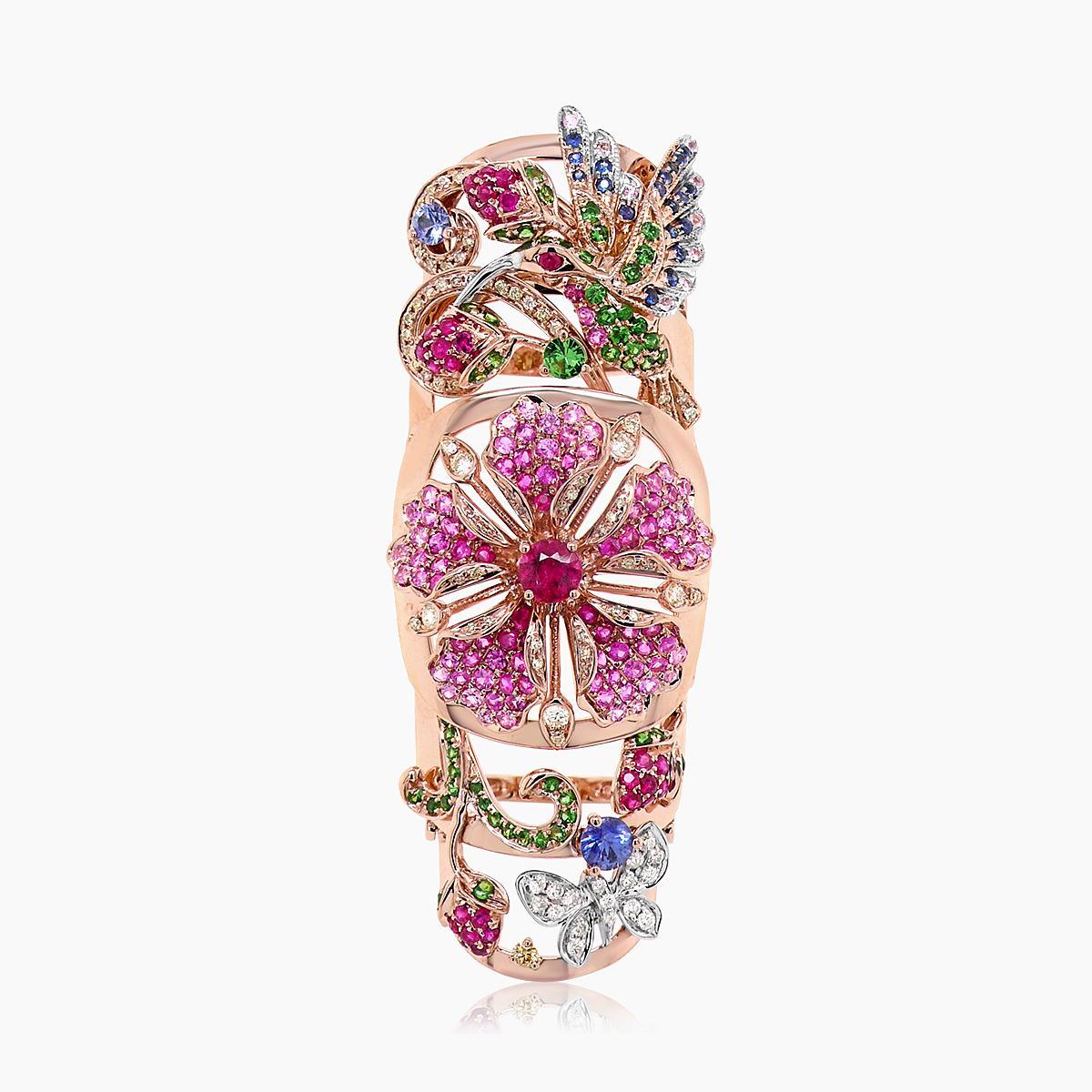 Rubin, rosa Saphir und mehrere Edelsteine, floraler 18K Rose Gold Ganzfingerring (Gemischter Schliff) im Angebot