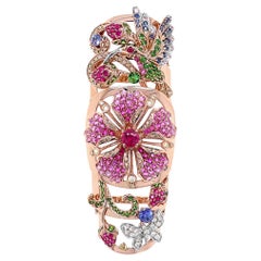Ruby Pink Sapphire & Multi-Gemstone Floral 18K Rose Gold Full Finger Ring