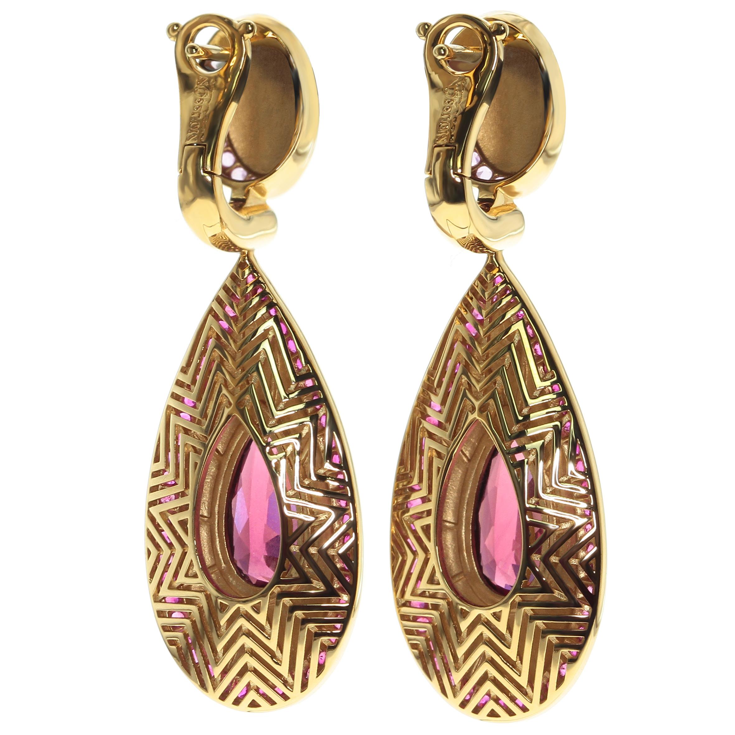 Ruby Pink Sapphire Rhodolite Garnet 18 Karat Yellow Gold Classical Earrings
Our trade mark texture Tweed looks great in this earrings, high detailing back part.
Accompanied with the ring LU116414761641

15.6x46.0x6.6 mm
15.13 gm