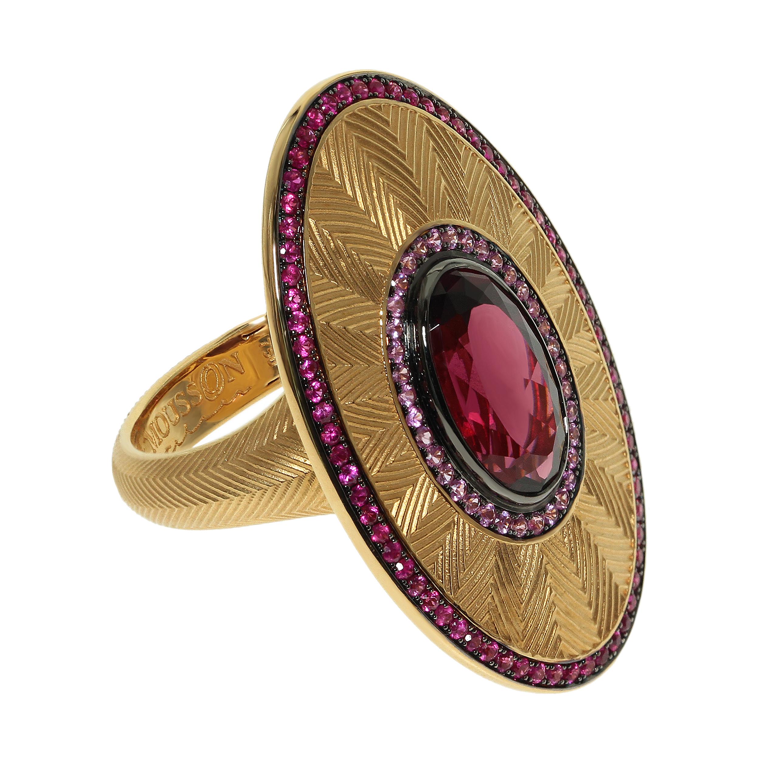 Ruby Pink Sapphire Rhodolite Garnet 18 Karat Yellow Gold Classical Ring
Our trade mark texture Tweed looks great in this ring, high detailing back part, hidden spring to adjust the ring size.
Accompanied with the earrings