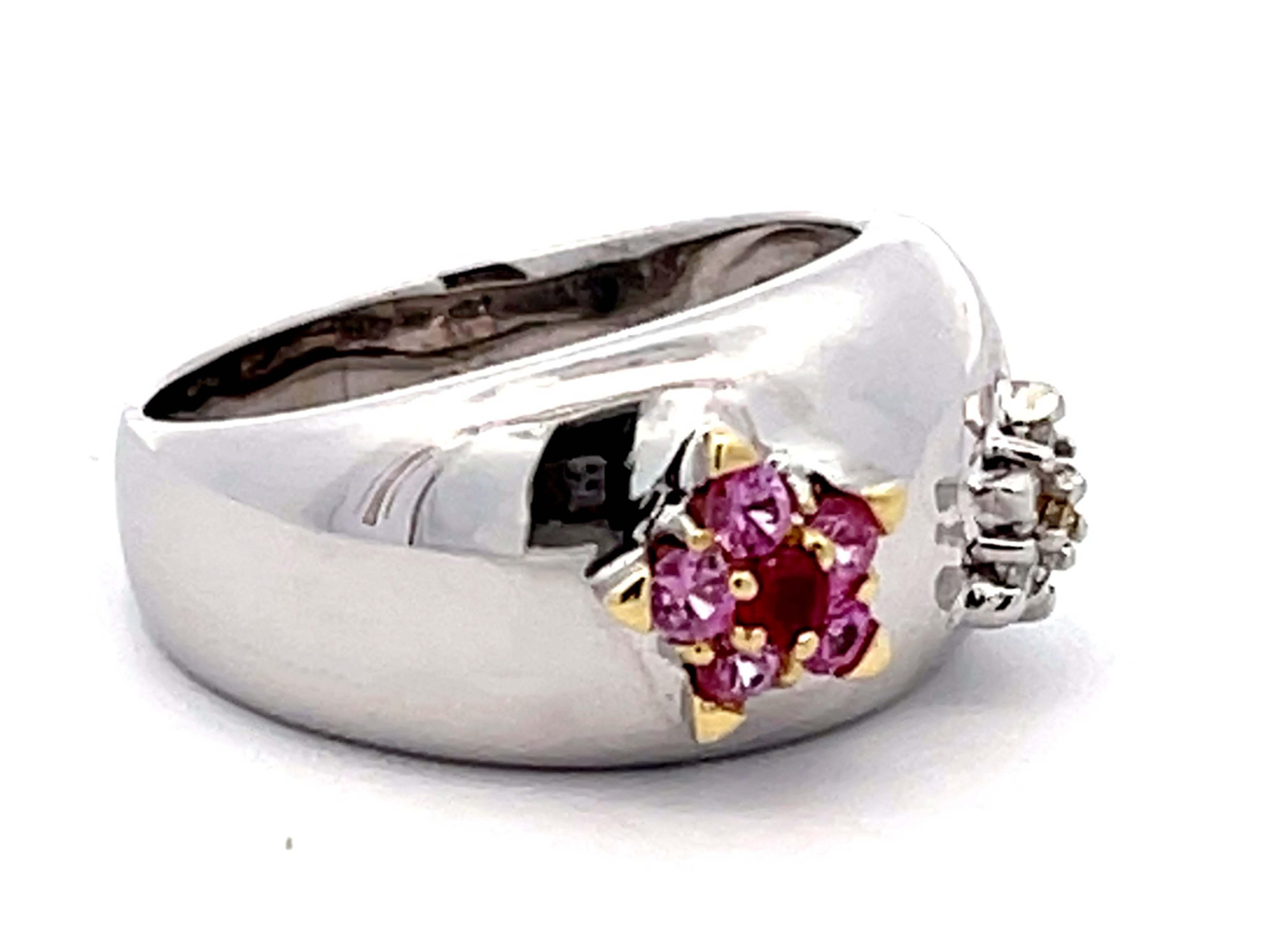 Modern Ruby, Pink Sapphire, White and Yellow Diamond Flower Dome Ring 18k White Gold For Sale