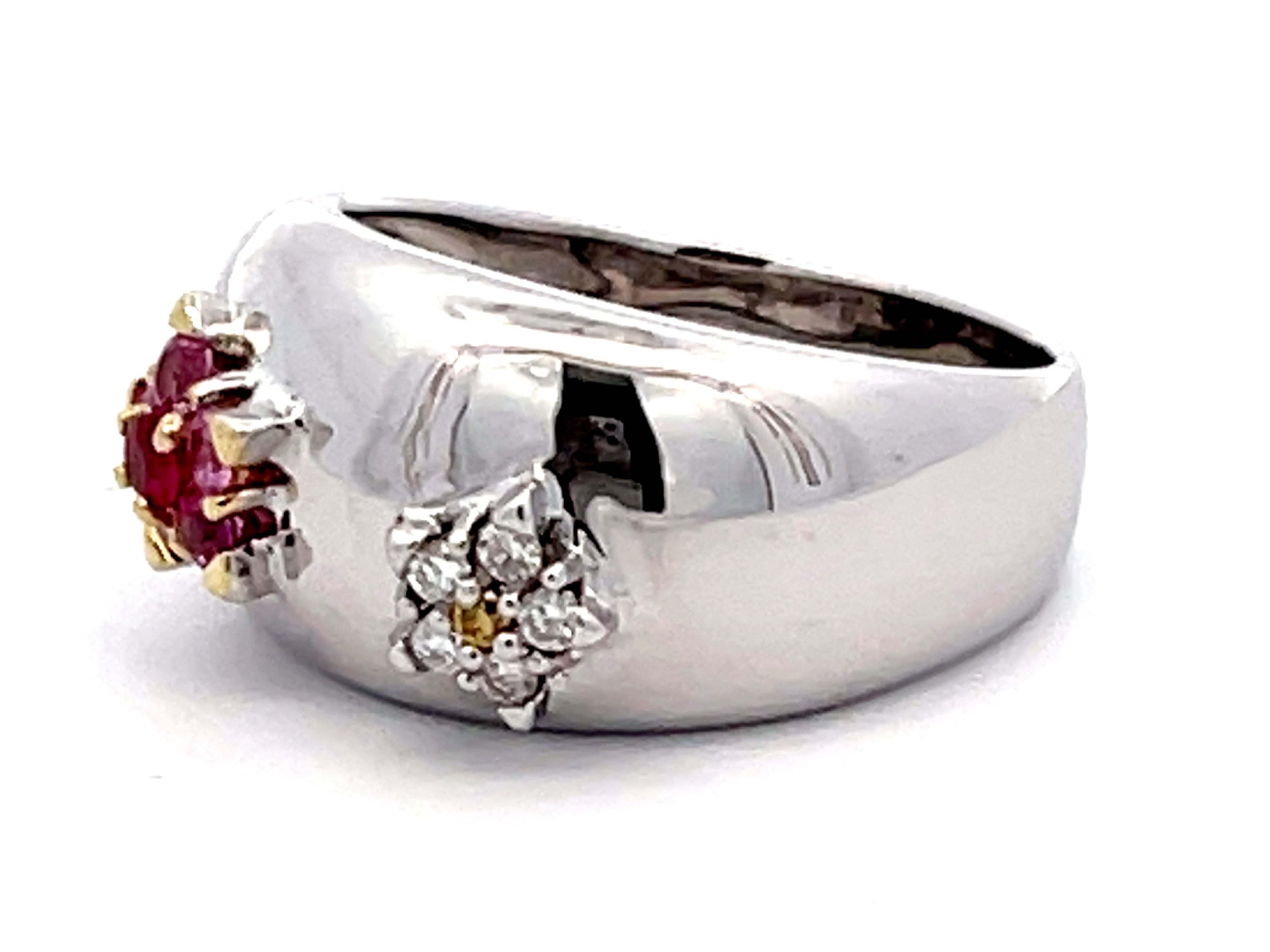 Brilliant Cut Ruby, Pink Sapphire, White and Yellow Diamond Flower Dome Ring 18k White Gold For Sale
