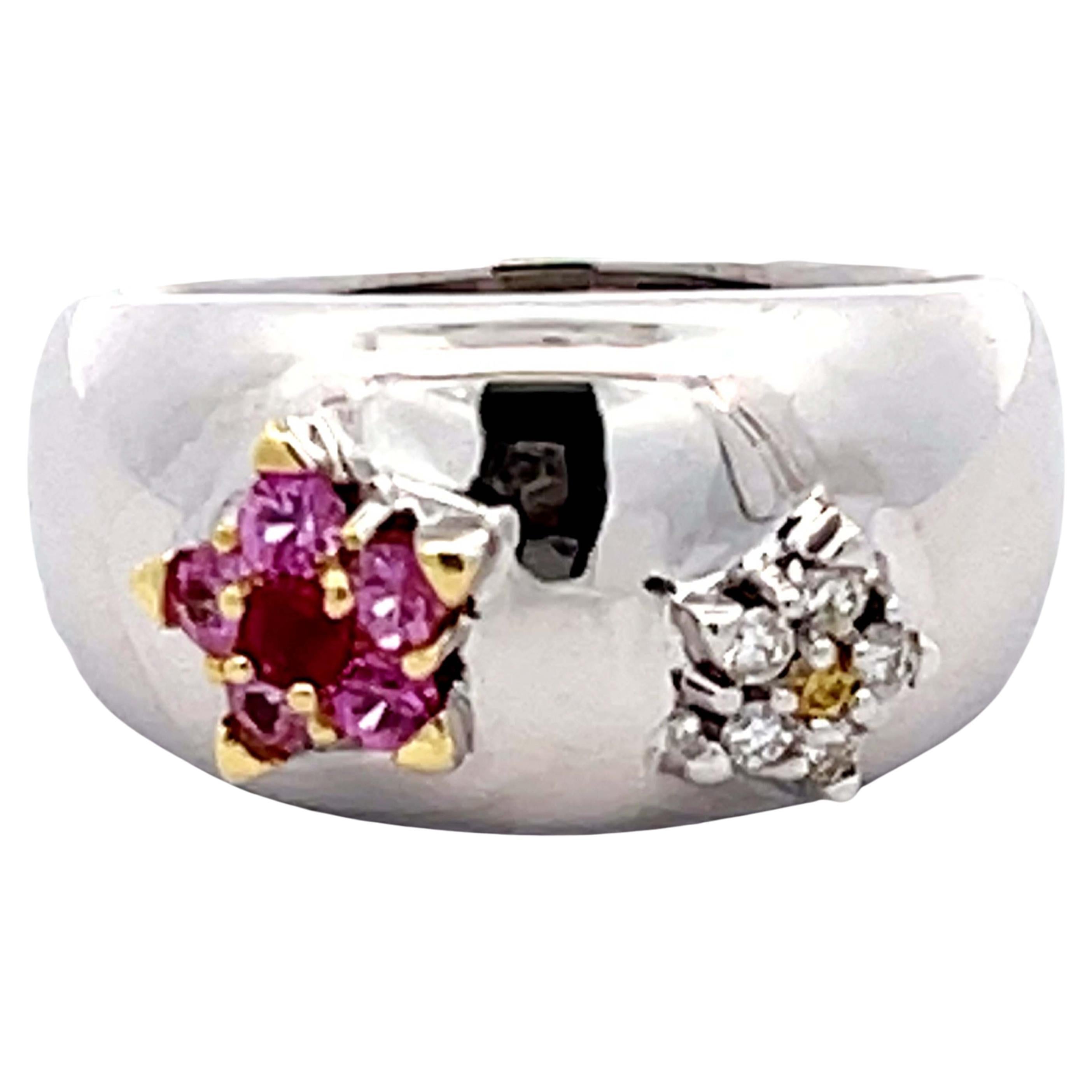 Rubin, Pink Sapphire, weißer und gelber Diamant Flower Dome Ring 18k Weißgold