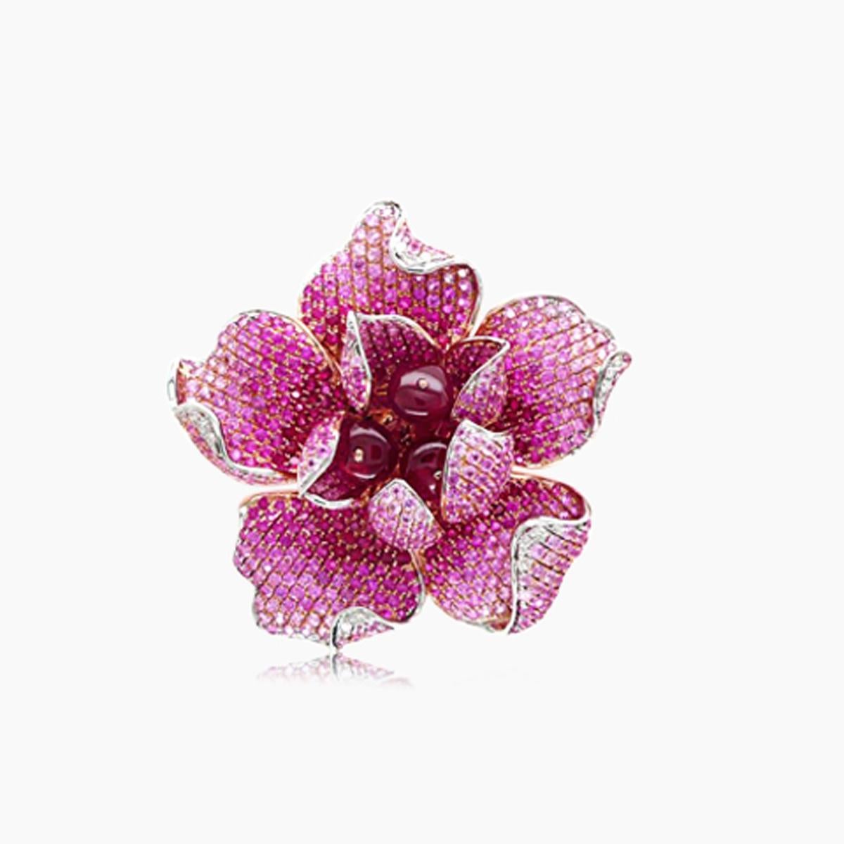 Mixed Cut Ruby Pink Sapphire & White Diamond Lilly Flower 18K Rose Gold Floral Design Ring For Sale