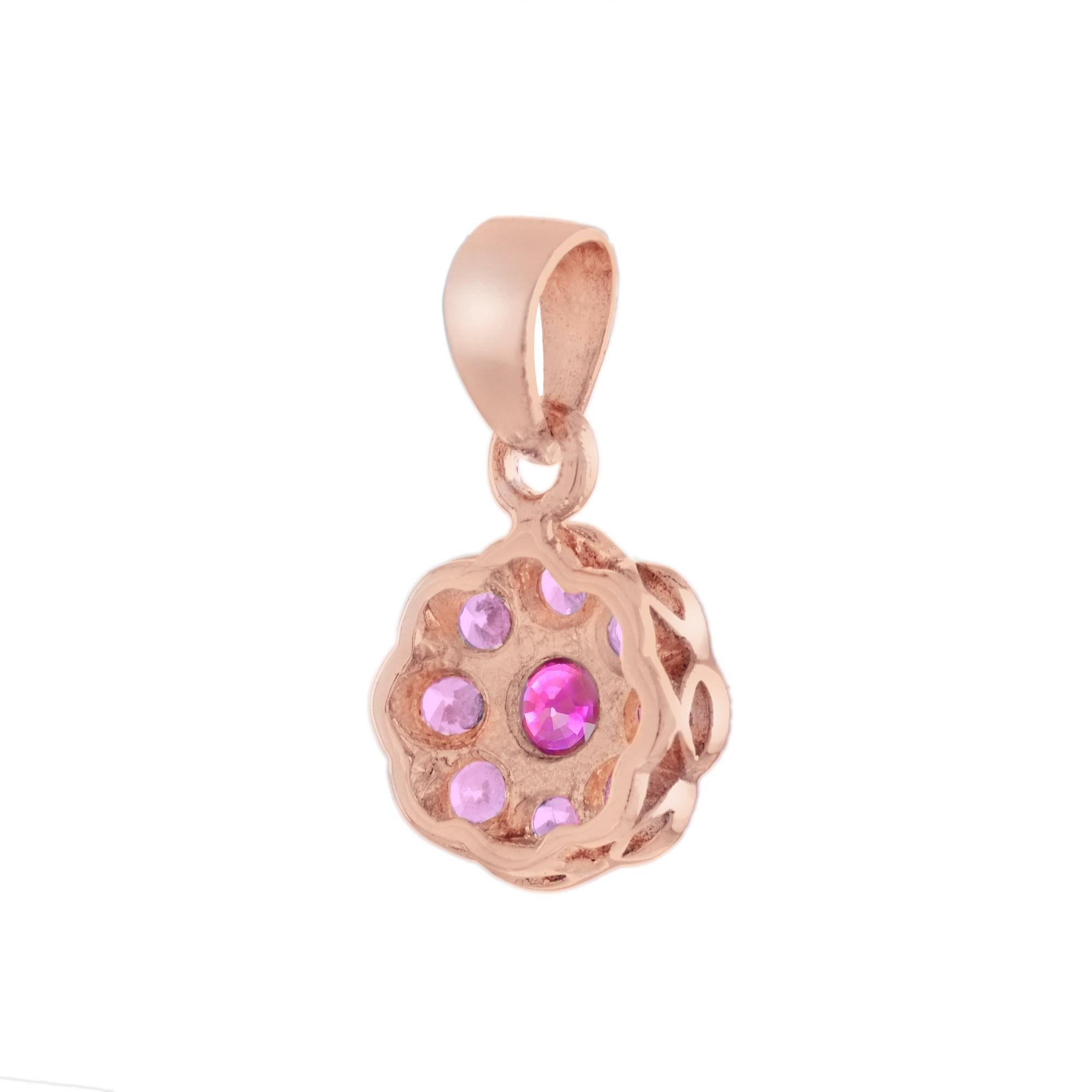 Edwardian Ruby & Pink Tourmaline Floral Flower Cluster 14K Rose Gold Pendant For Sale