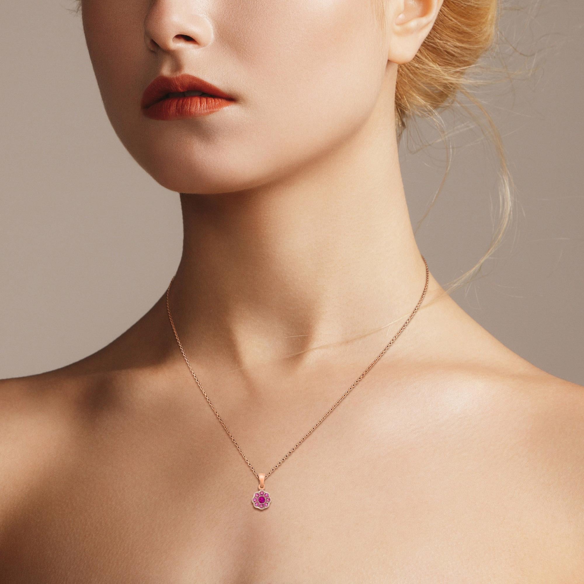 Round Cut Ruby & Pink Tourmaline Floral Flower Cluster 14K Rose Gold Pendant For Sale