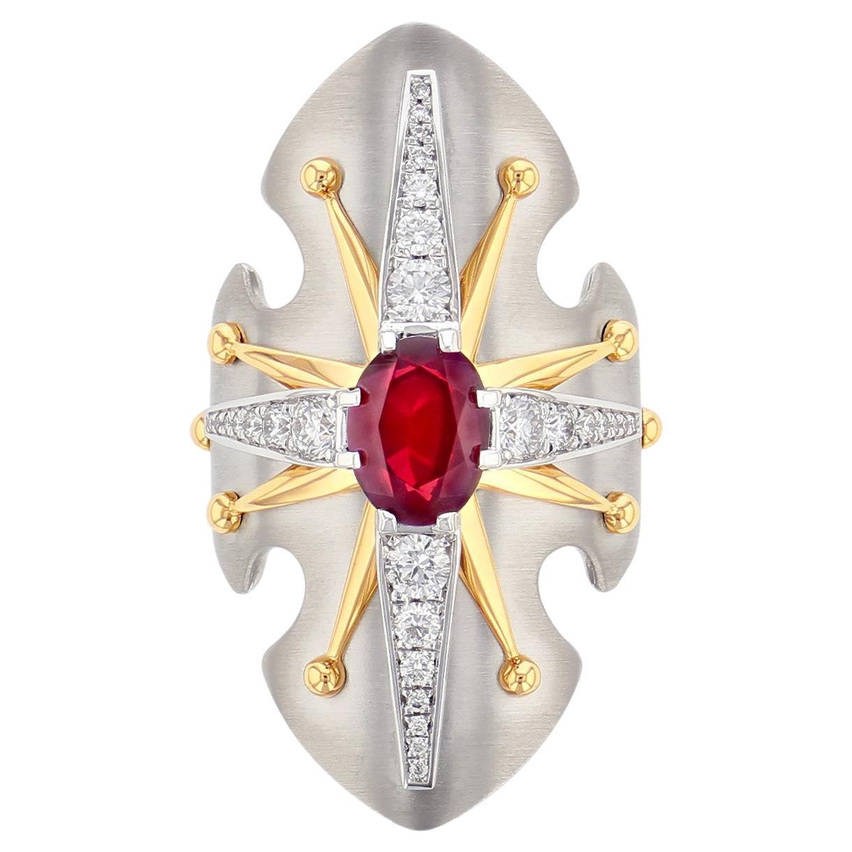 Ruby Platinum Bouclier Ring by Elie Top For Sale