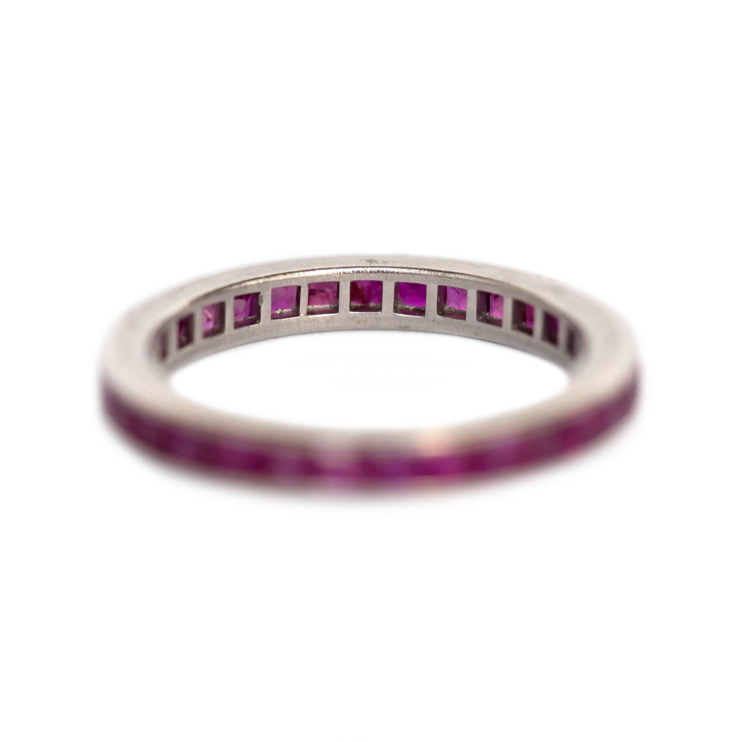 Item Details: 
Ring Size: 5.60
Metal Type: Platinum 
Weight: 3.2 grams

Color Stone Details: 
Type: Natural Ruby 
Shape: Princess Cut 
Carat Weight: 1.50 carat, total weight.
Color: Deep Pink 

Finger to Top of Stone Measurement: 2.09 mm