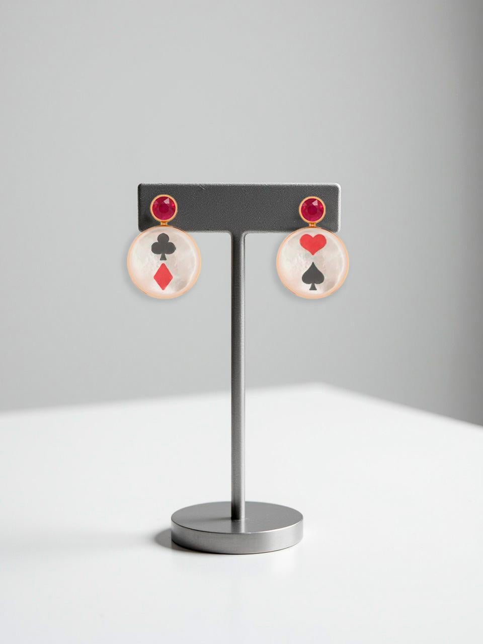 Modern Ruby, playing cards, Mother of pearl earrings studs. For Sale