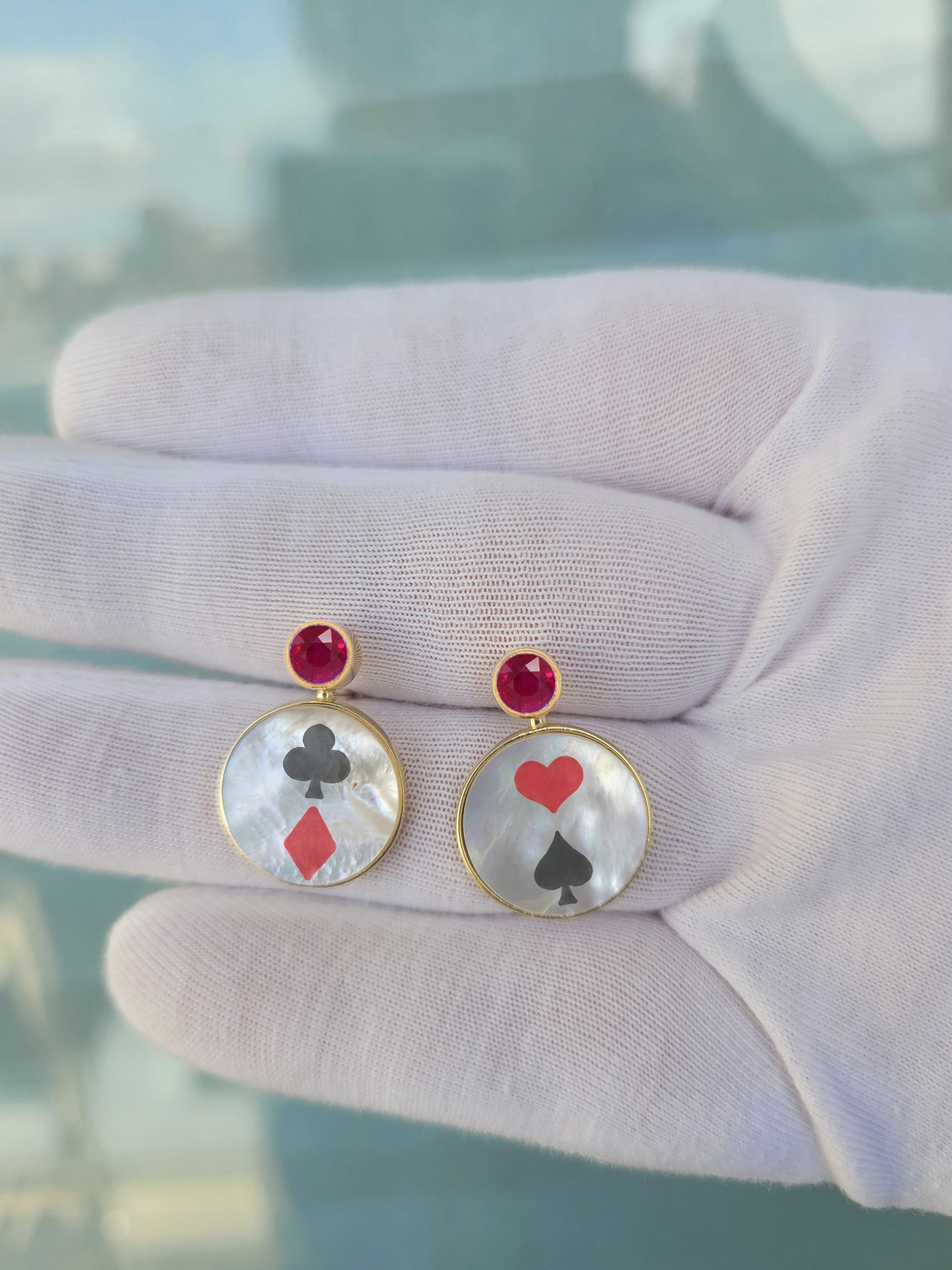 Ruby, playing cards, Mother of pearl earrings studs. In New Condition For Sale In Istanbul, TR