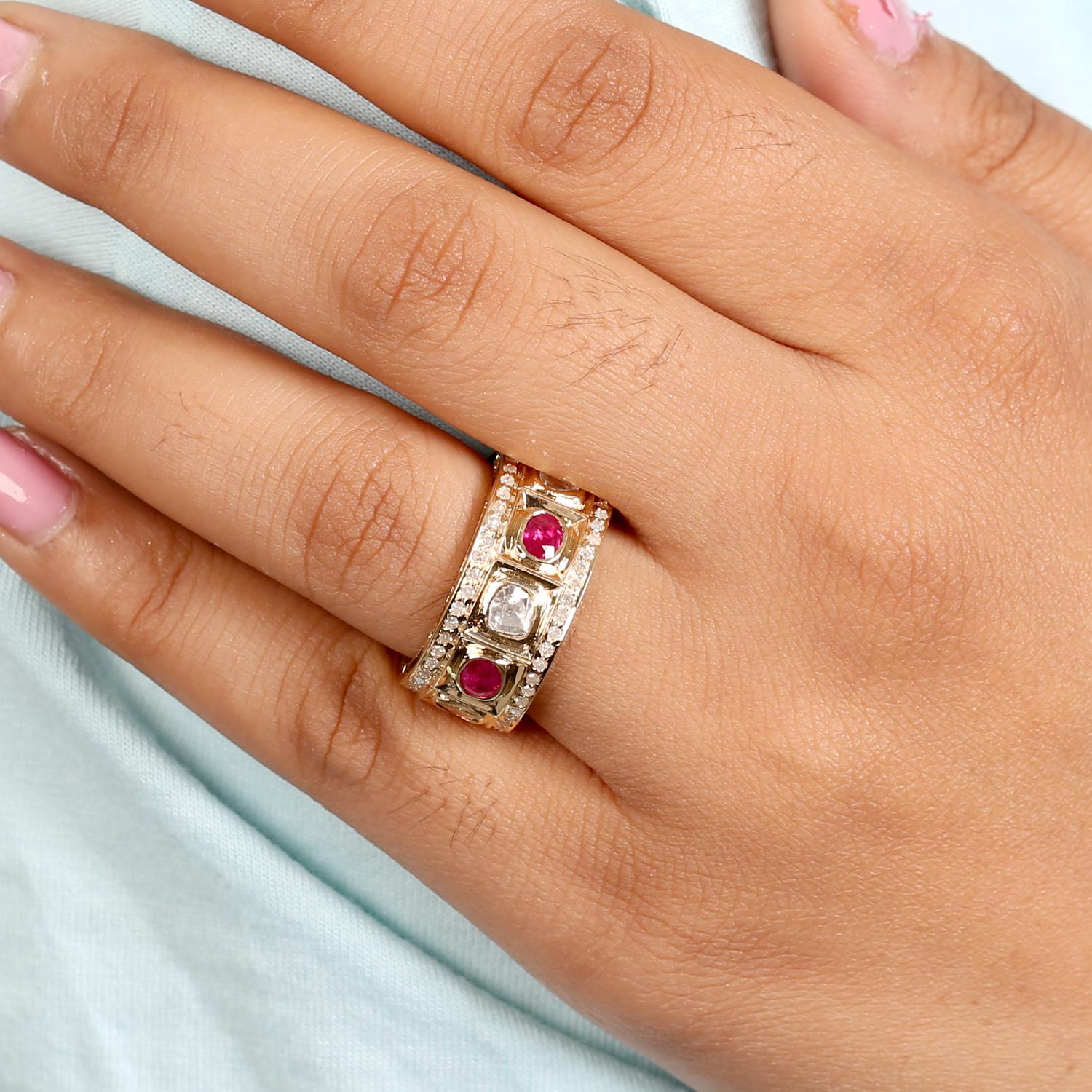 Artisan Ruby & Polki Diamond Band Ring with Pave Diamonds Made in 18k Yellow Gold For Sale