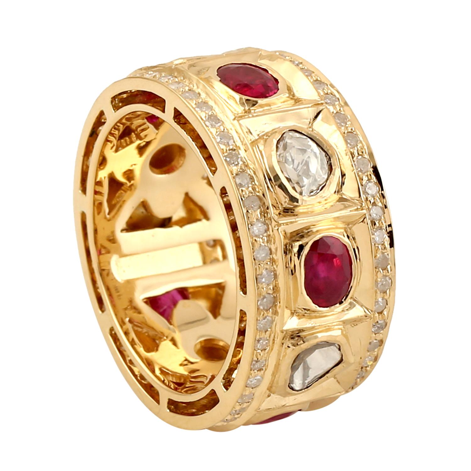 Mixed Cut Ruby & Polki Diamond Band Ring with Pave Diamonds Made in 18k Yellow Gold For Sale