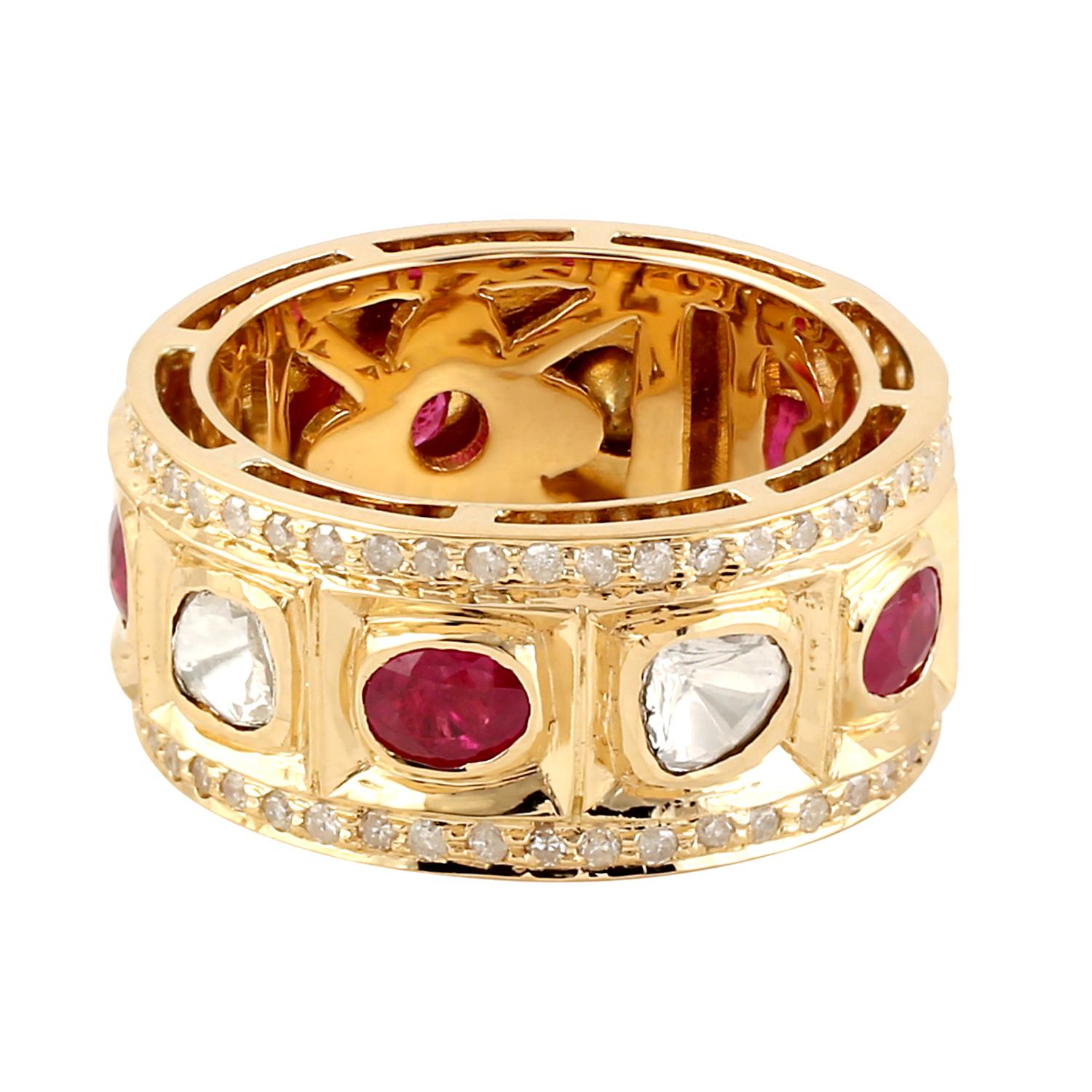 Women's Ruby & Polki Diamond Band Ring with Pave Diamonds Made in 18k Yellow Gold For Sale