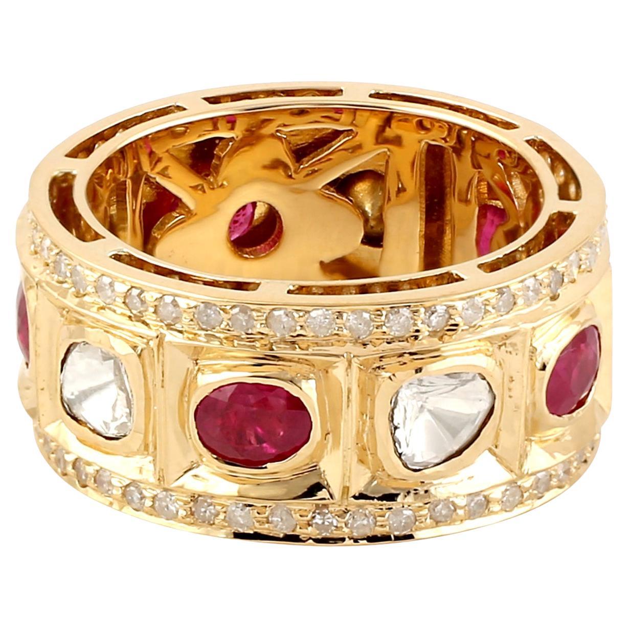Ruby & Polki Diamond Band Ring with Pave Diamonds Made in 18k Yellow Gold For Sale