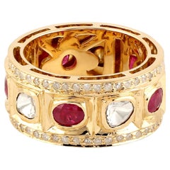 Ruby & Polki Diamond Band Ring with Pave Diamonds Made in 18k Yellow Gold