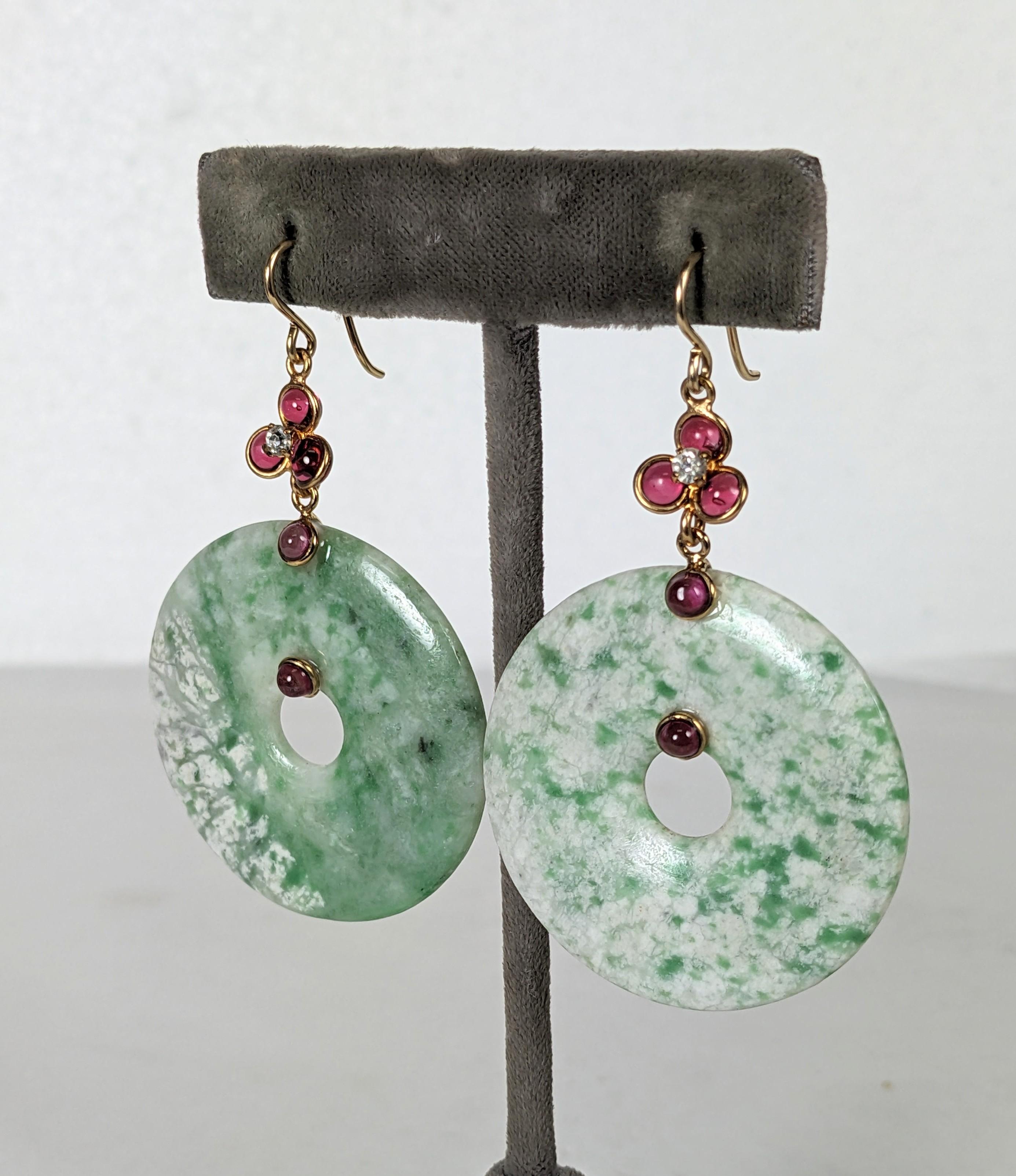 Art Deco Ruby Poured Glass and Jade Quartz Bi Disc Earrings, MWLC For Sale
