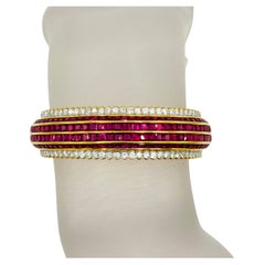Ruby Princess Cut and White Diamond Round Bangle in 18K Yellow Gold