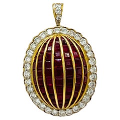 Ruby Princess Cut and White Diamond Round Brooch/Pendant in 18K Yellow Gold