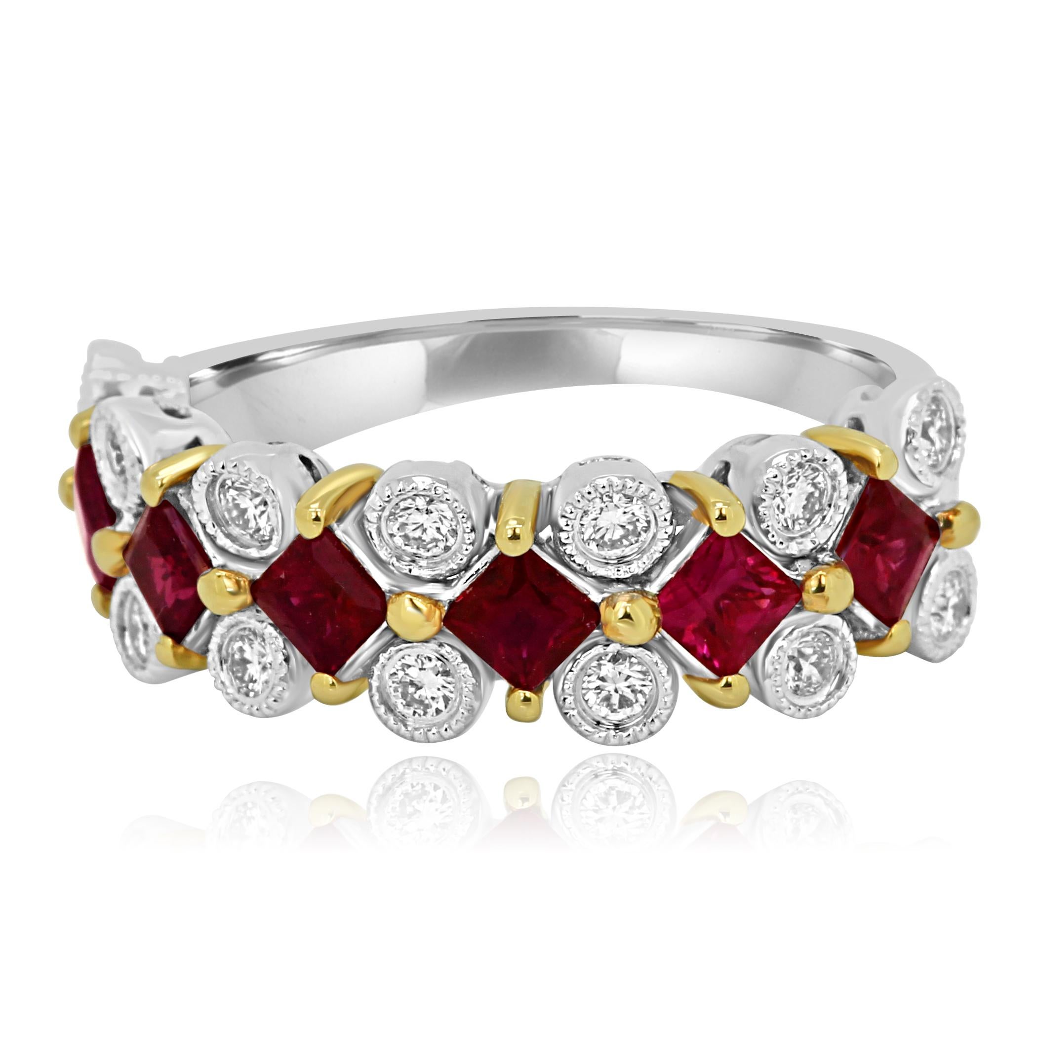 6 Ruby Princess Cut 1.05 Carat set Alongside 14 White Round Brilliant Diamonds 0.30 Carat in gorgeous 14K White and Yellow Gold Fashion, Cocktail Band Ring. 

Total Ruby Weight 1.05 Carat
Total Diamond Weight 0.30 Carat