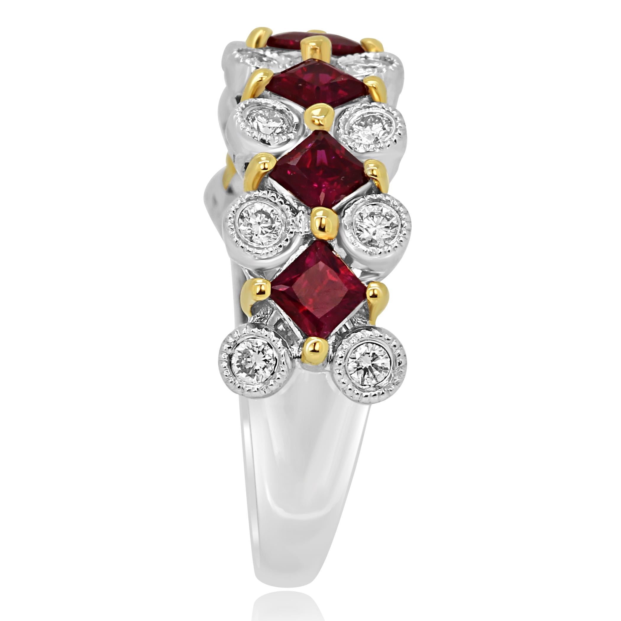 Contemporary Ruby Princess Cut White Diamond Round Two Color Gold Band Fashion Cocktail Ring
