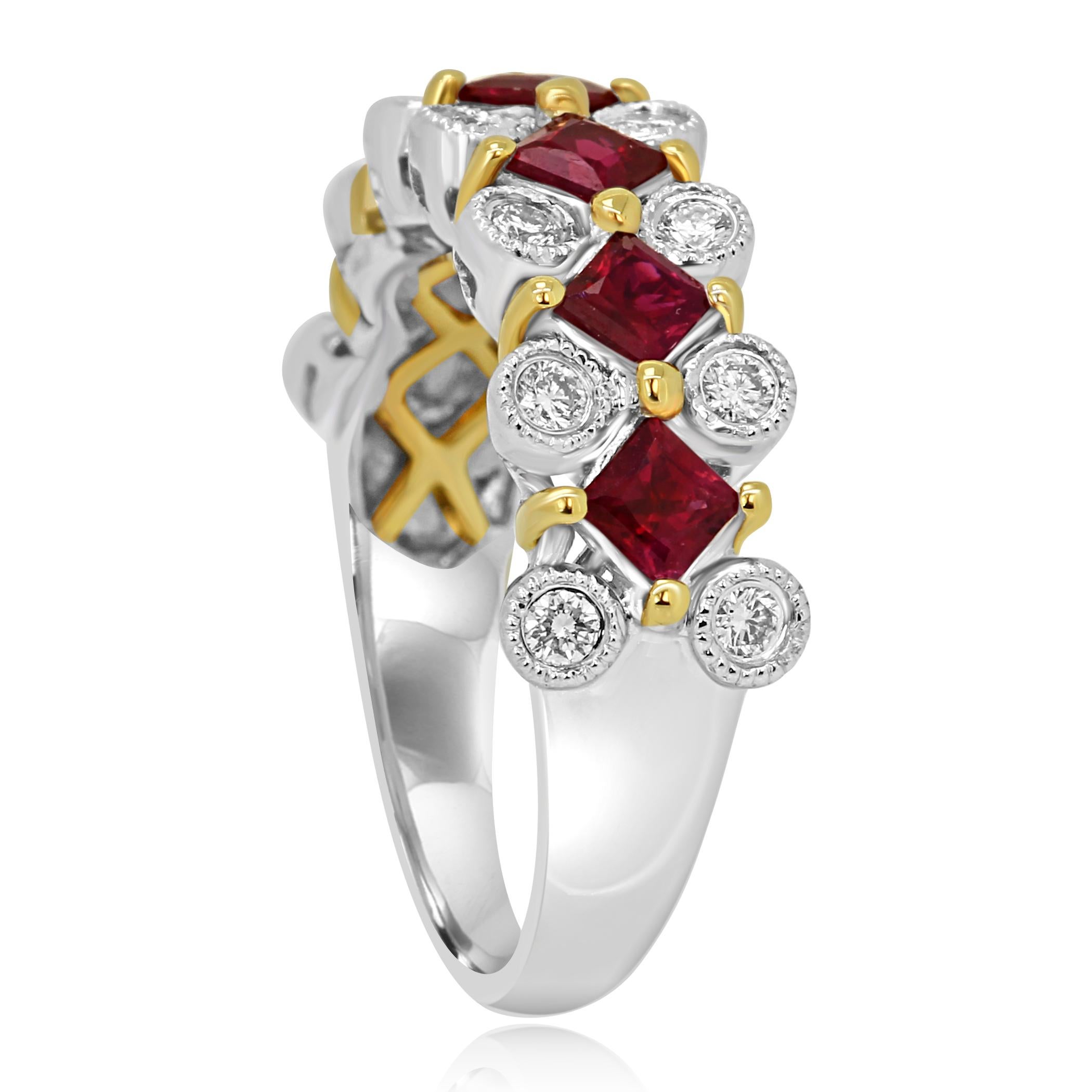 Ruby Princess Cut White Diamond Round Two Color Gold Band Fashion Cocktail Ring In New Condition In NEW YORK, NY