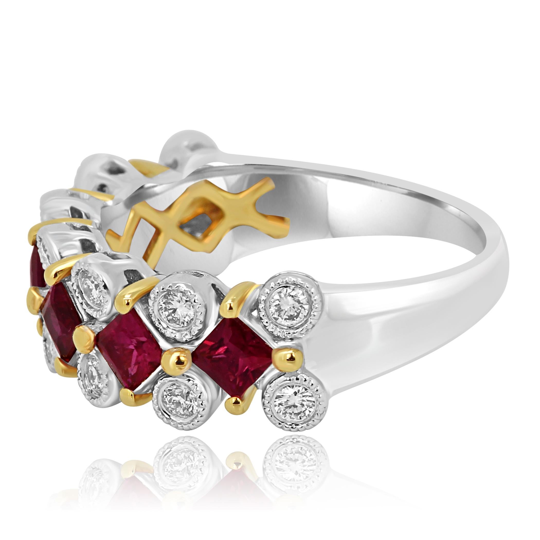 Women's Ruby Princess Cut White Diamond Round Two Color Gold Band Fashion Cocktail Ring