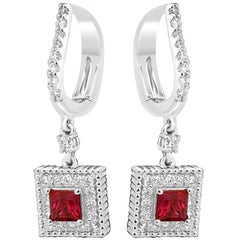 Ruby Princess Cut White Round Single Diamond Halo Gold Drop Lever Back Earring