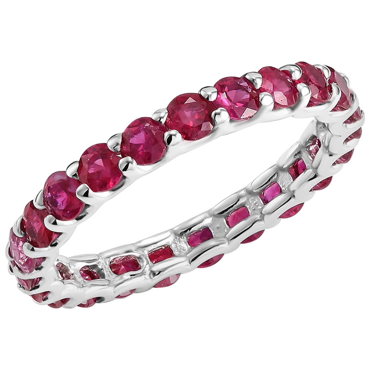 Fourteen karats white gold eternity wedding or stacking band 
Basket Prong Set Setting
Diamond-Cut Burma ruby weighing 2.30 carat 
Stone Size 2.75 millimeter
New ring. 
Ring size 6.25 In Stock
The ring cannot be resized 
Handmade in the USA
Our team