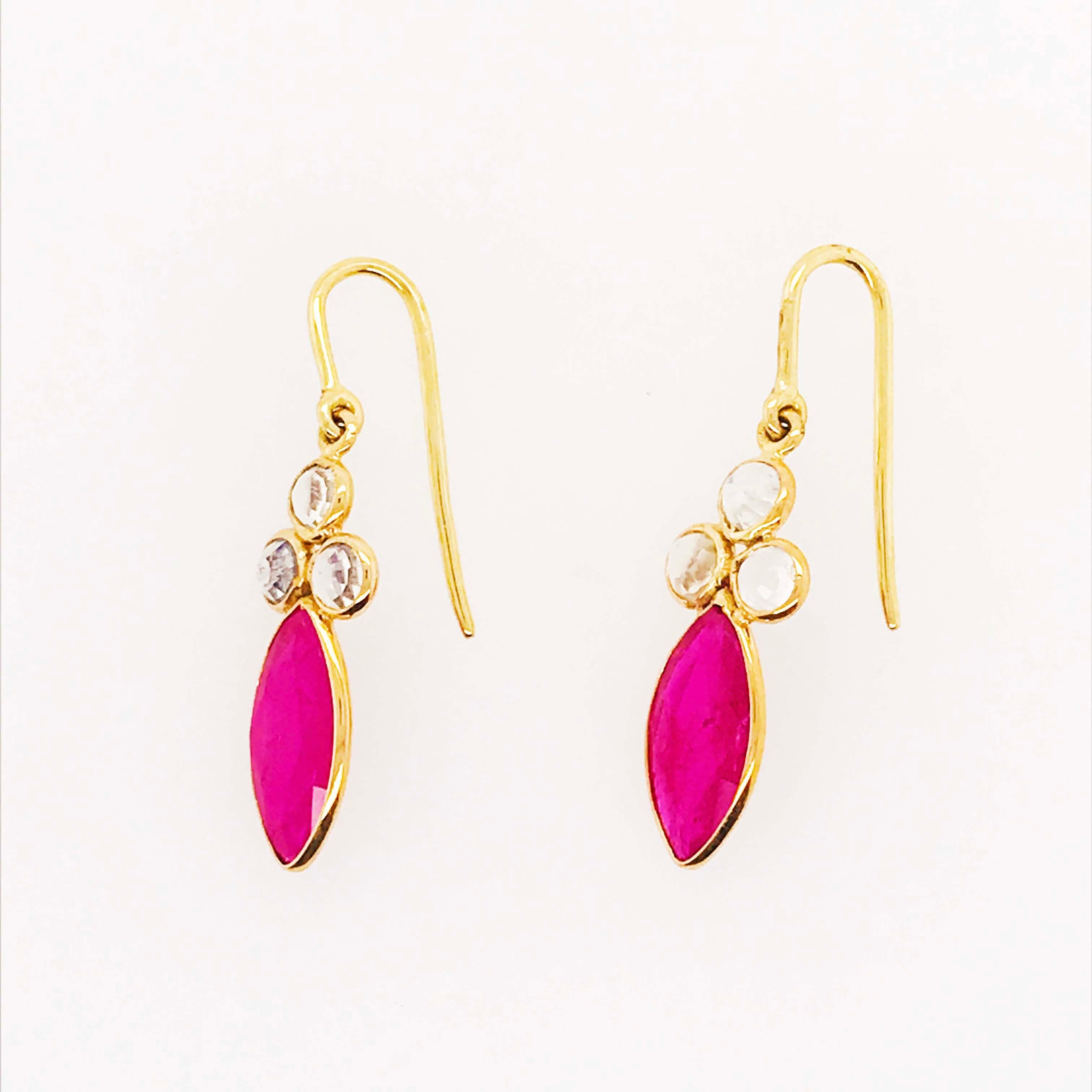 Artisan Ruby and Rainbow Moonstone Earrings, 18 Karat Yellow Gold Earring Dangles