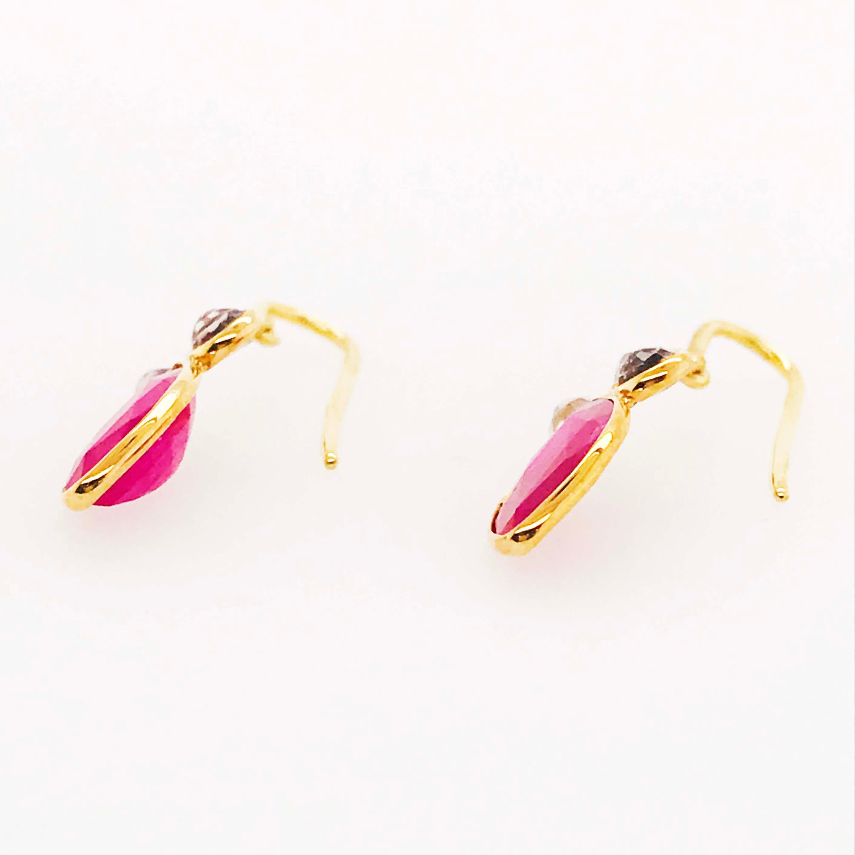 Marquise Cut Ruby and Rainbow Moonstone Earrings, 18 Karat Yellow Gold Earring Dangles