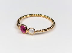 18K Yellow Gold Ruby and Rainbow Moonstone Three-Stone Ring, Unisex