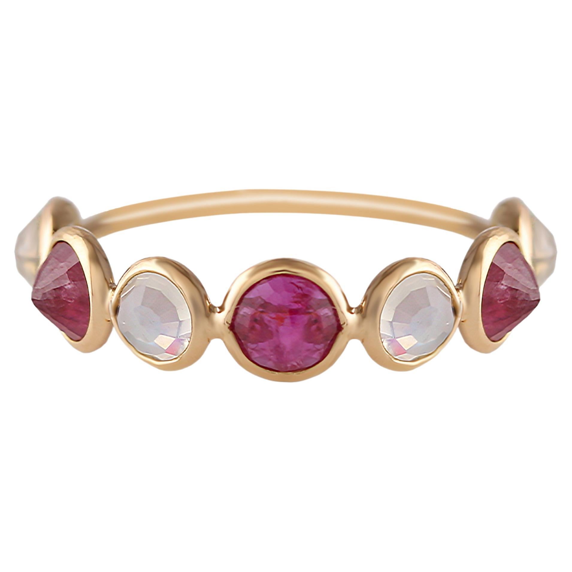 Ruby & Rainbow Moonstone Round Ring In 18K Yellow Gold