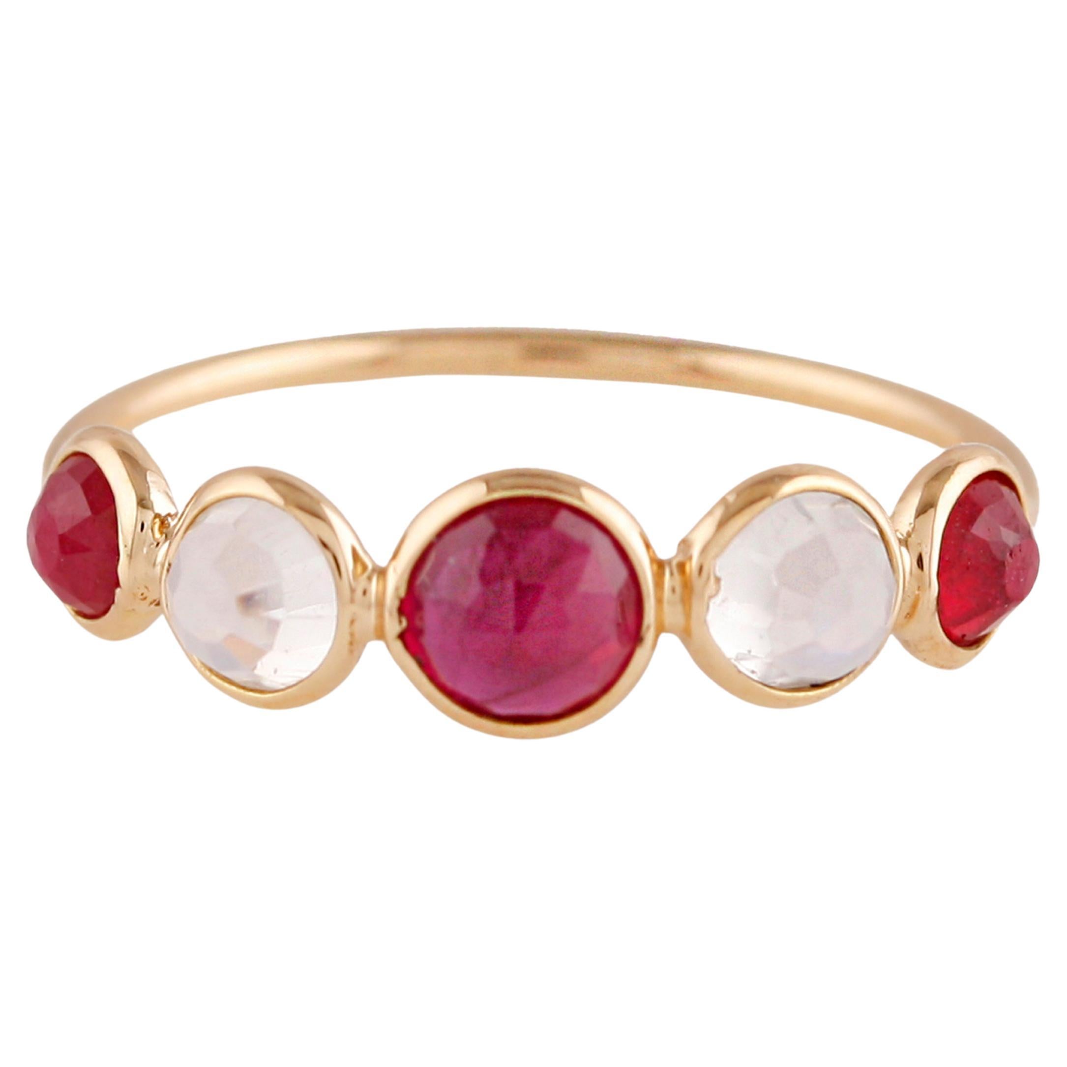 Ruby & Rainbow Moonstone Round Ring In 18K Yellow Gold For Sale