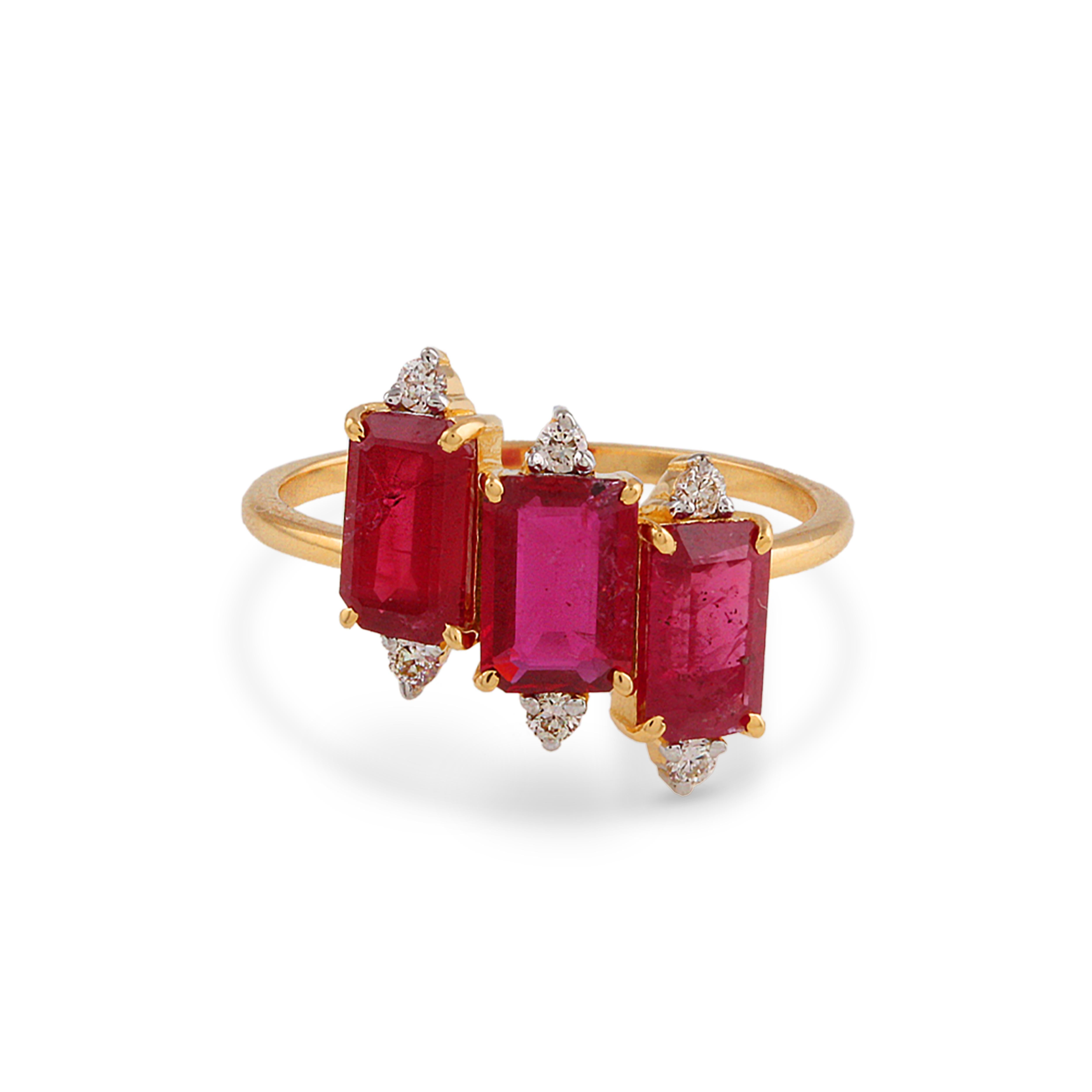 Tresor Beautiful Ring feature 1.50 carats of Ruby and 0.05 carats of Diamond. The Ring are an ode to the luxurious yet classic beauty with sparkly gemstones and feminine hues. Their contemporary and modern design make them perfect and versatile to