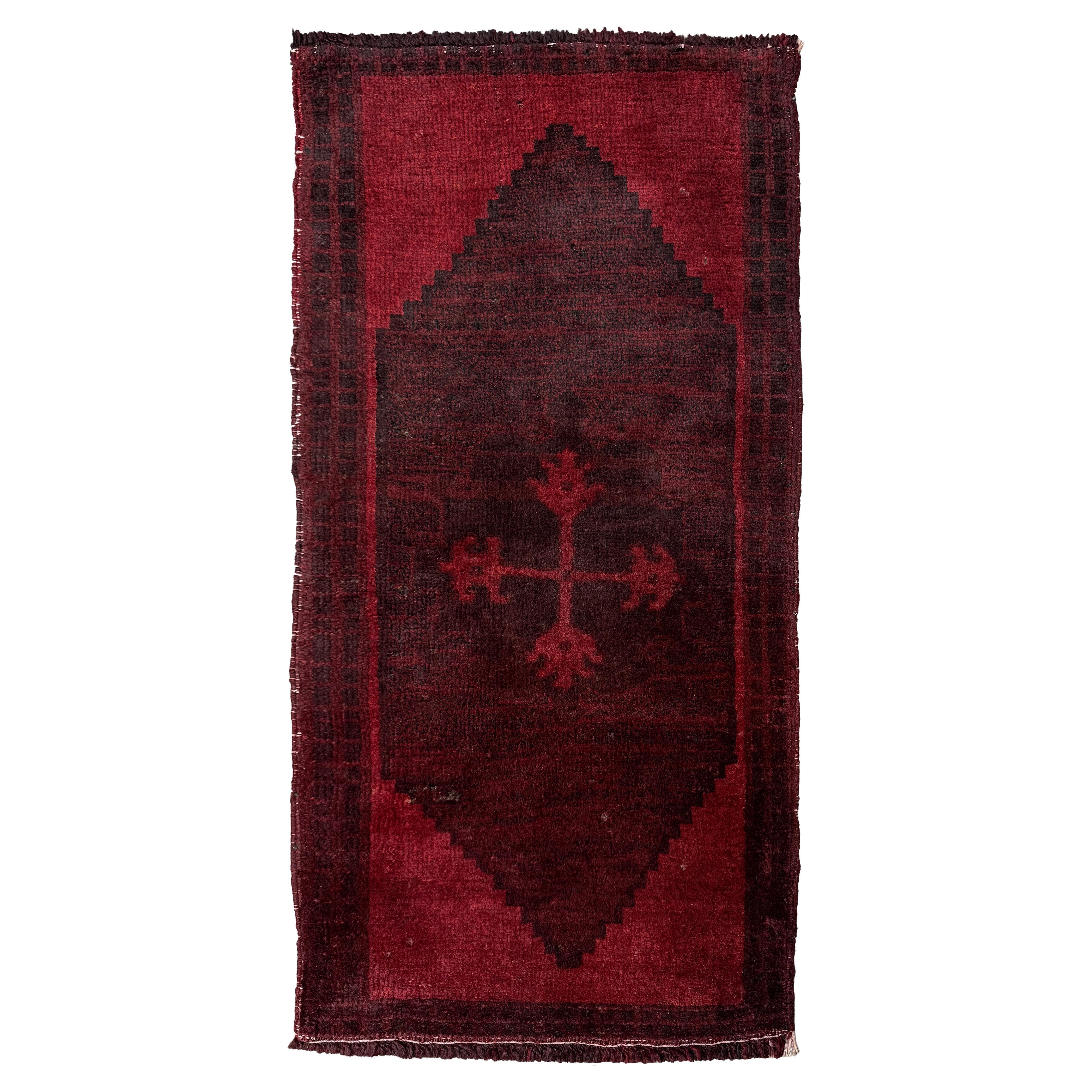 Ruby Red Anatolian Mini Rug • Handmade Turkish Bathmat / Doormat • 18x40