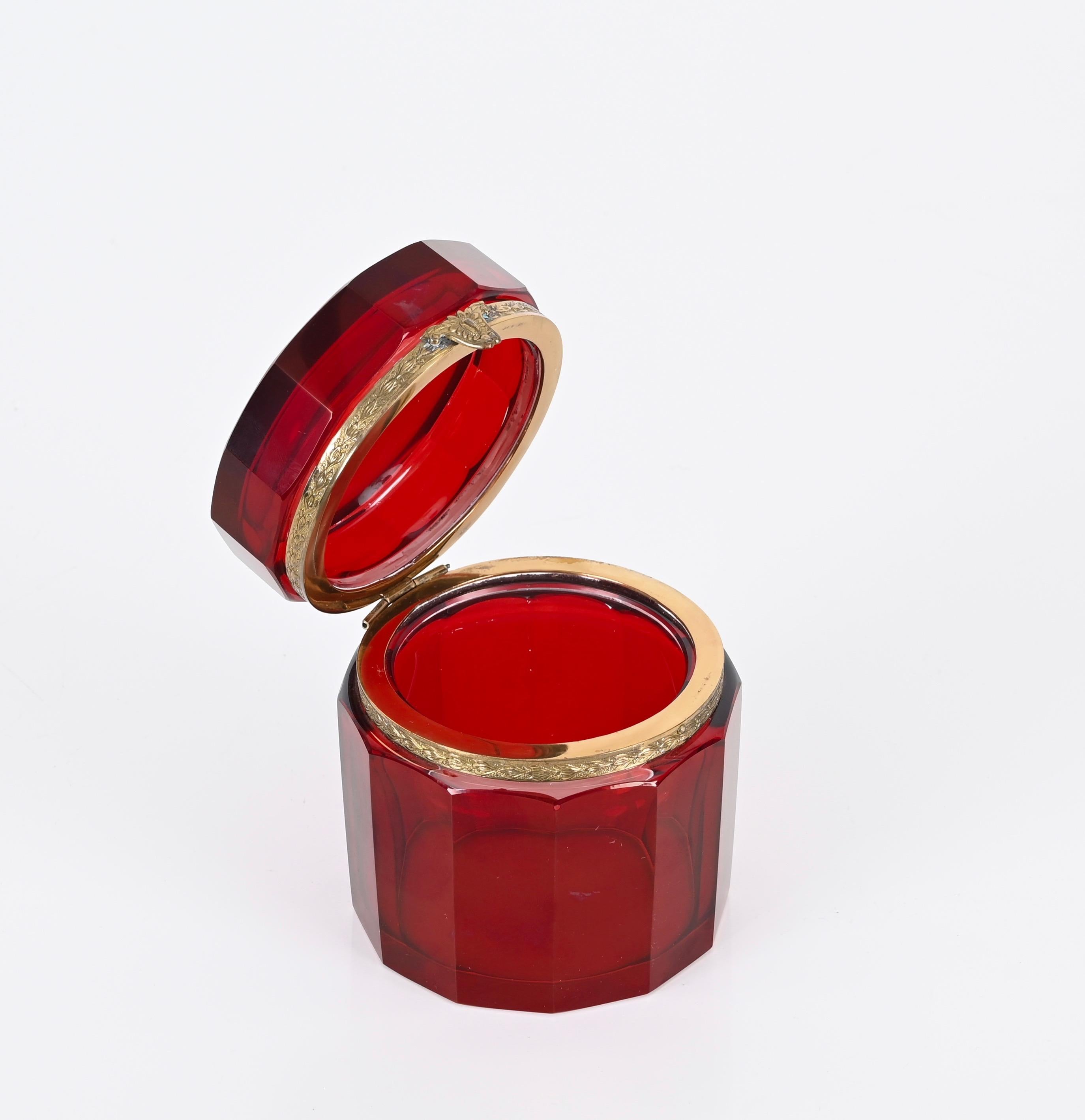 Ruby Red and Gilt Silver Faceted Murano Glass Jewelry Box, Italy 1920s For Sale 4