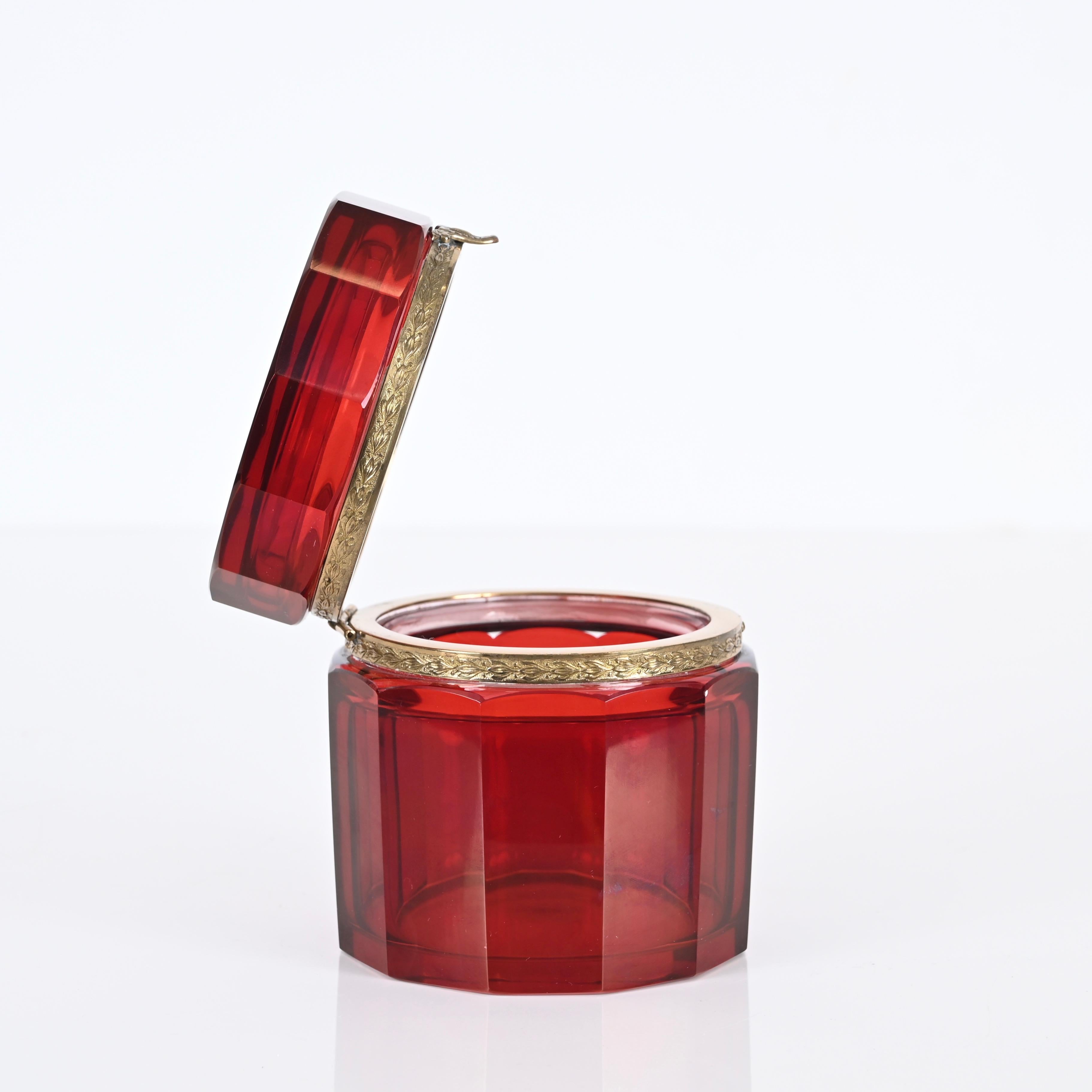 Mid-Century Modern Ruby Red and Gilt Silver Faceted Murano Glass Jewelry Box, Italy 1920s For Sale