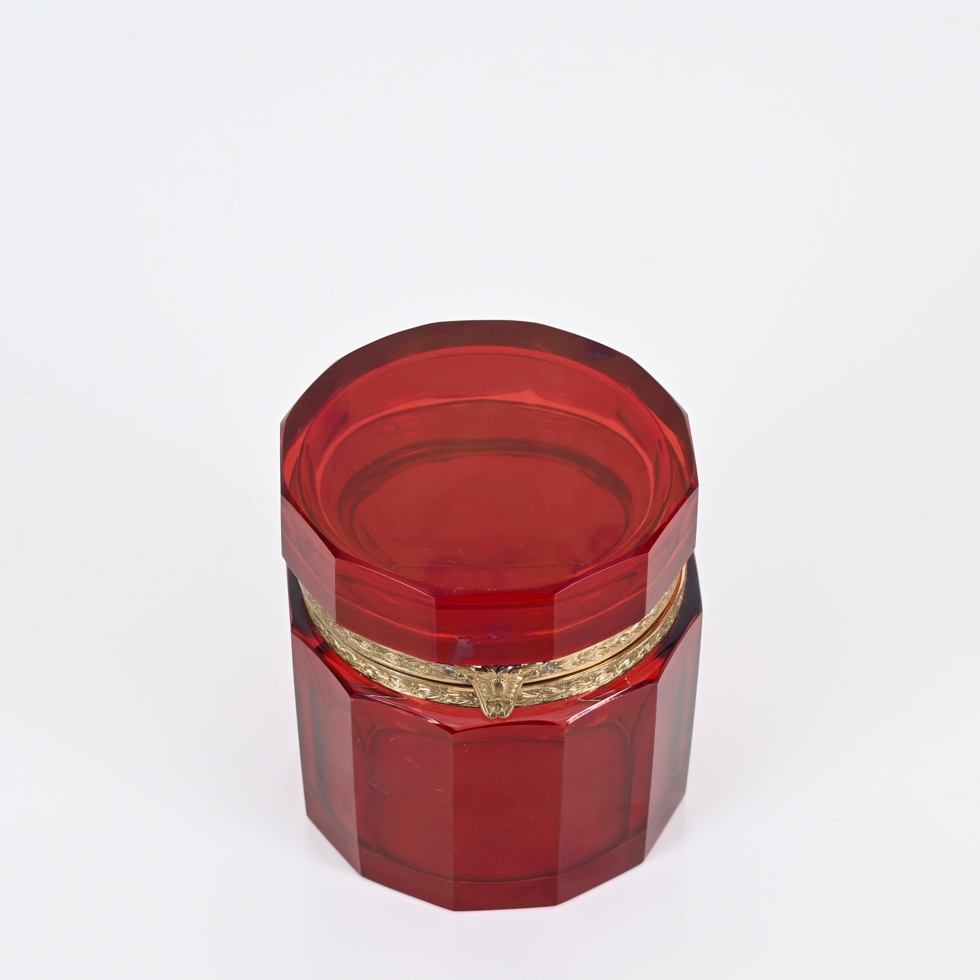 20th Century Ruby Red and Gilt Silver Faceted Murano Glass Jewelry Box, Italy 1920s For Sale