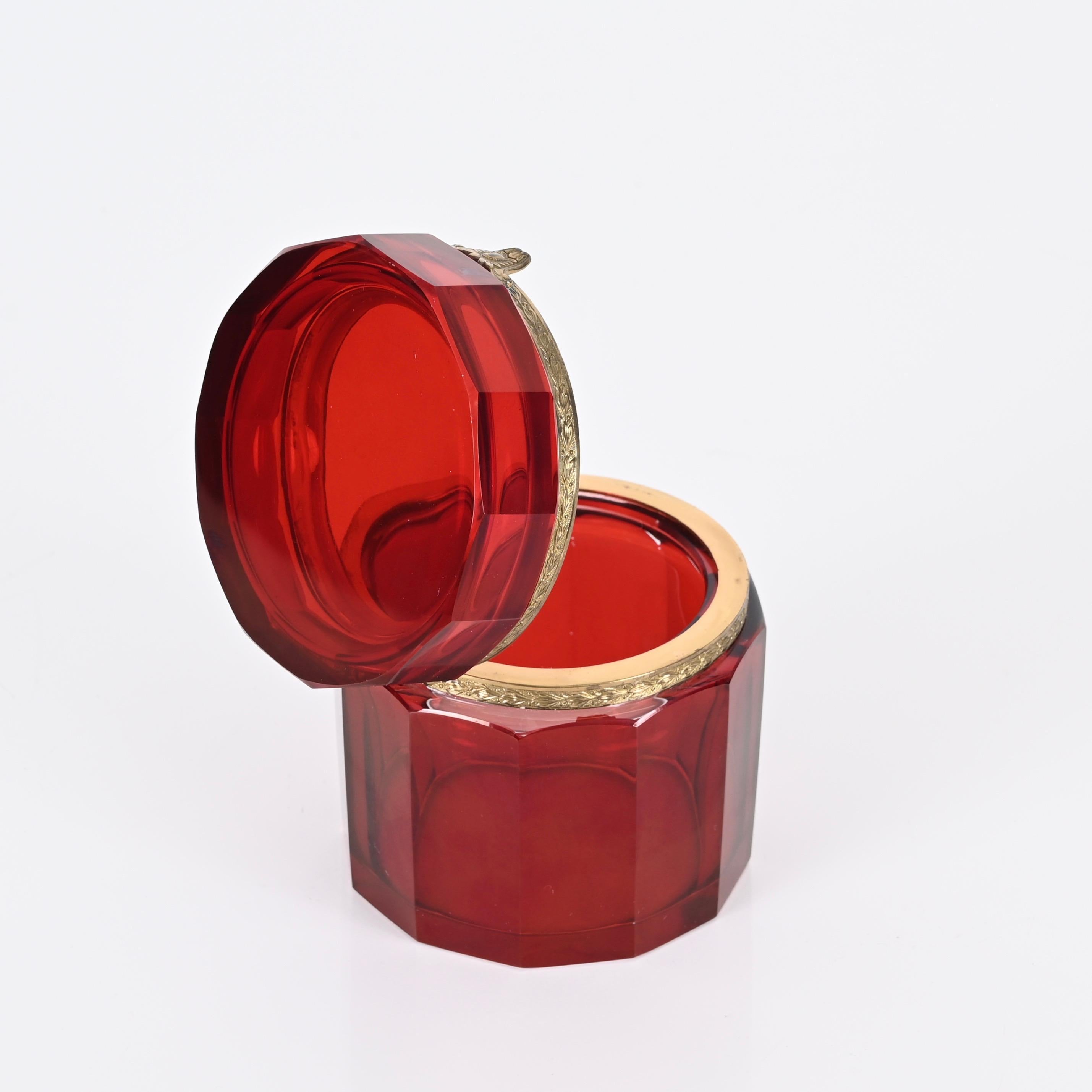 Ruby Red and Gilt Silver Faceted Murano Glass Jewelry Box, Italy 1920s For Sale 3