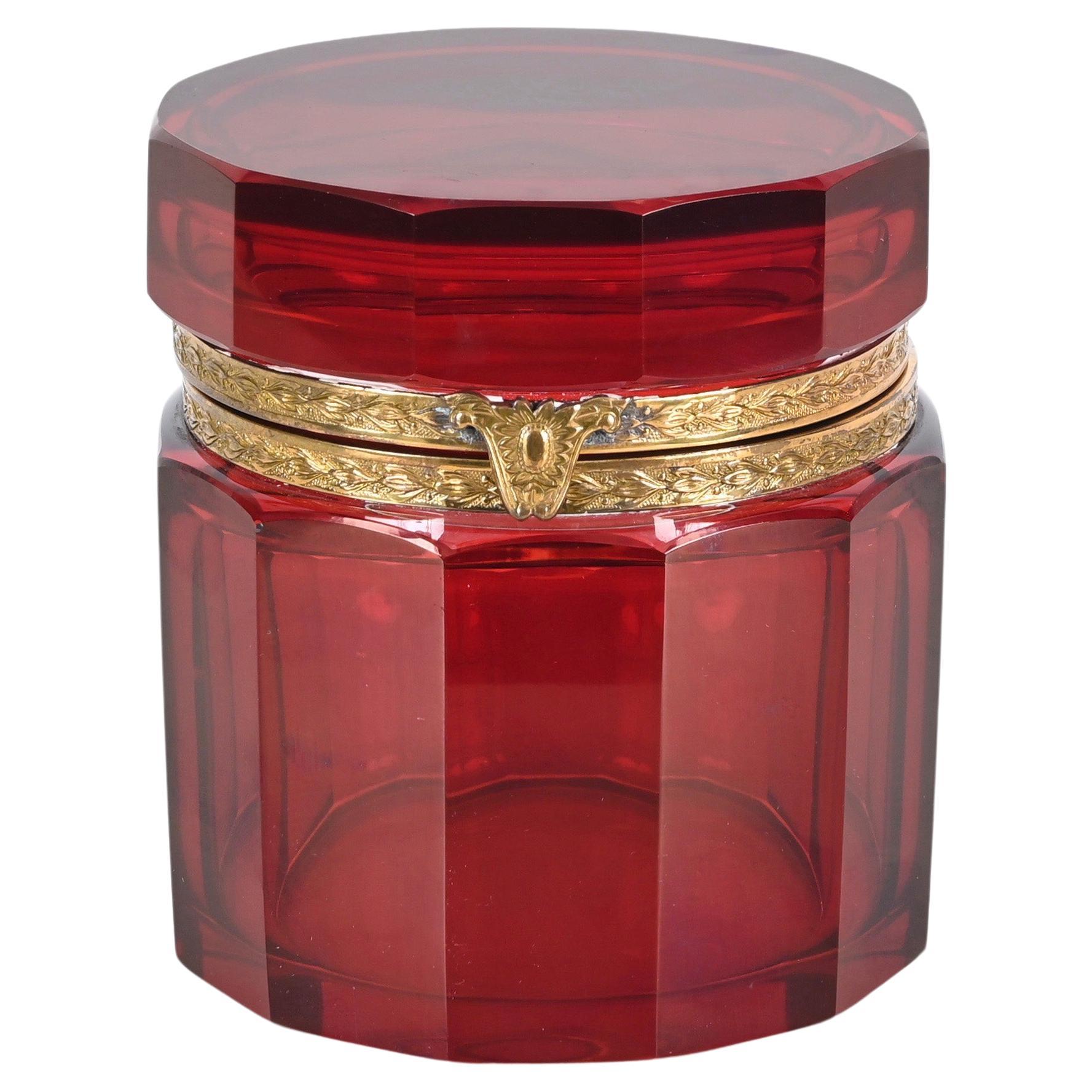 Ruby Red and Gilt Silver Faceted Murano Glass Jewelry Box, Italy 1920s For Sale