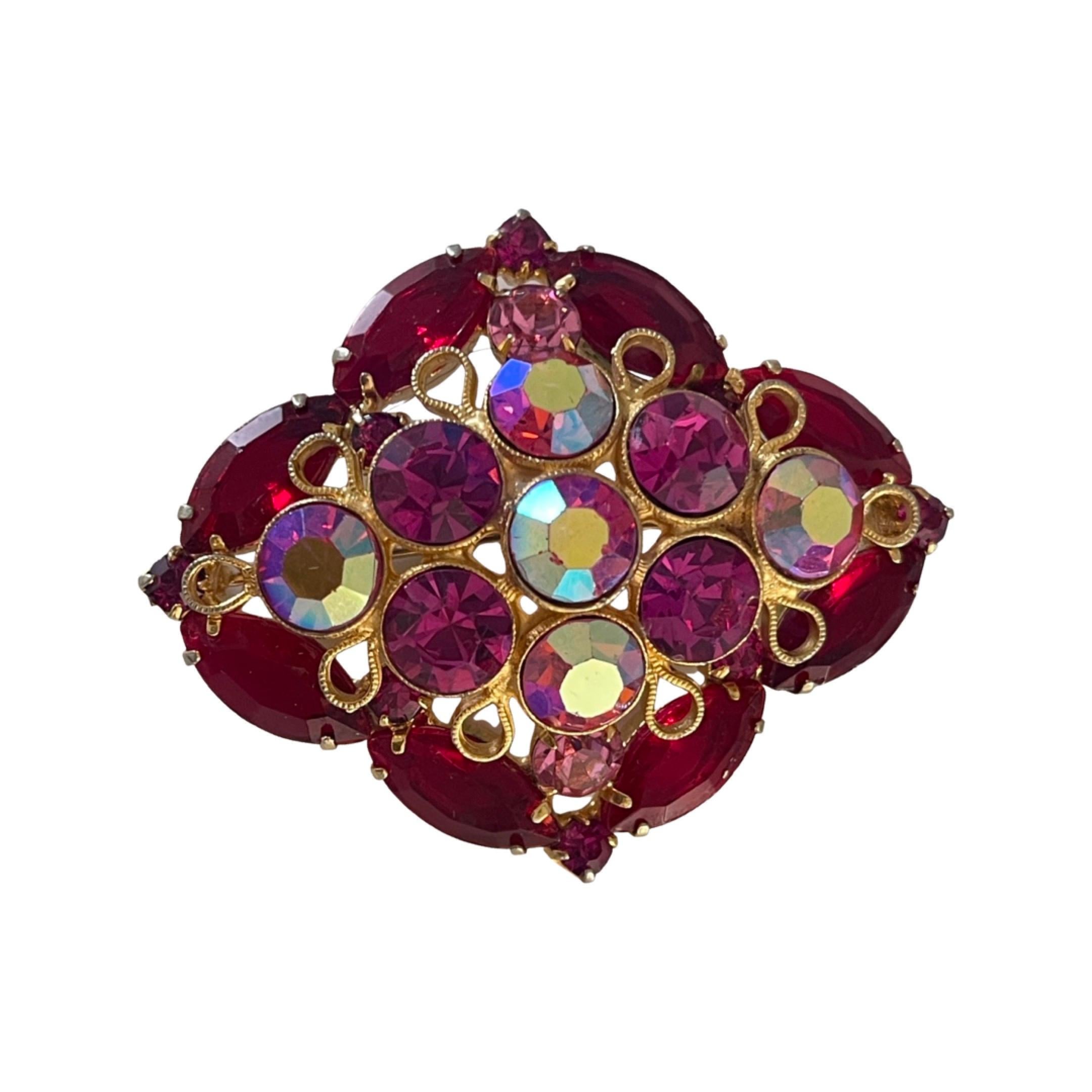 Modern Ruby Red and Rose Pink Multifaceted Rhinestone Brooch. Circa. 1955's - 1959 For Sale