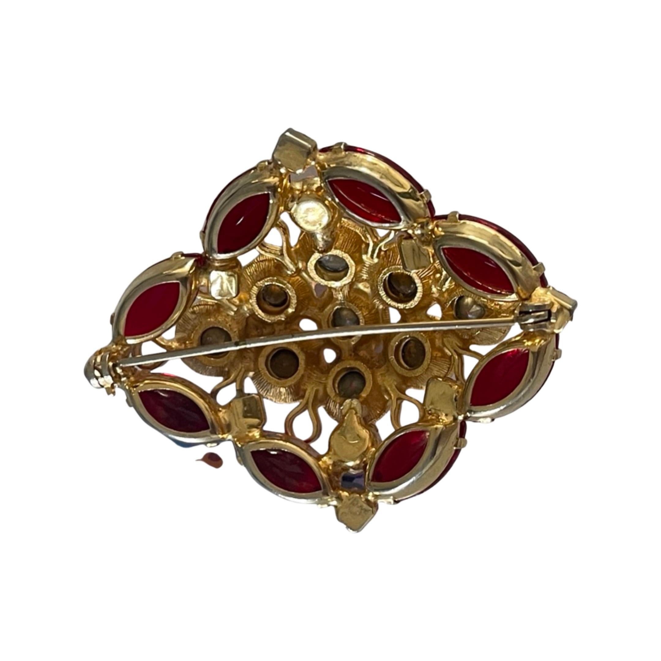 Women's Ruby Red and Rose Pink Multifaceted Rhinestone Brooch. Circa. 1955's - 1959 For Sale