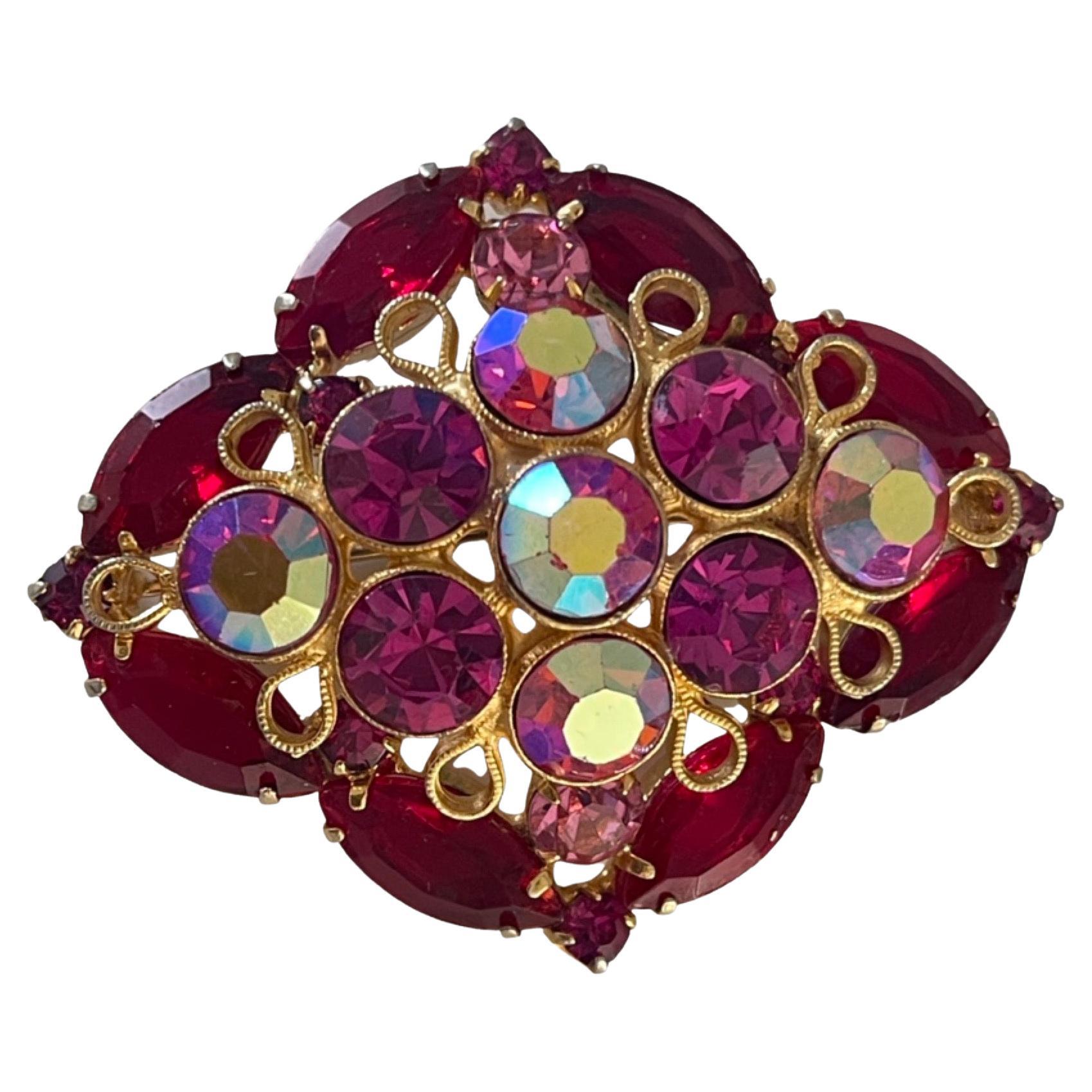 Ruby Red and Rose Pink Multifaceted Rhinestone Brooch. Circa. 1955's - 1959 For Sale