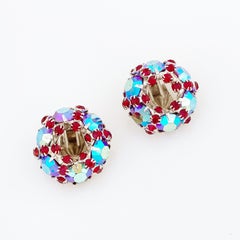 Ruby Red & Blue Aurora Borealis Crystal Wreath Earrings By Warner, 1960s
