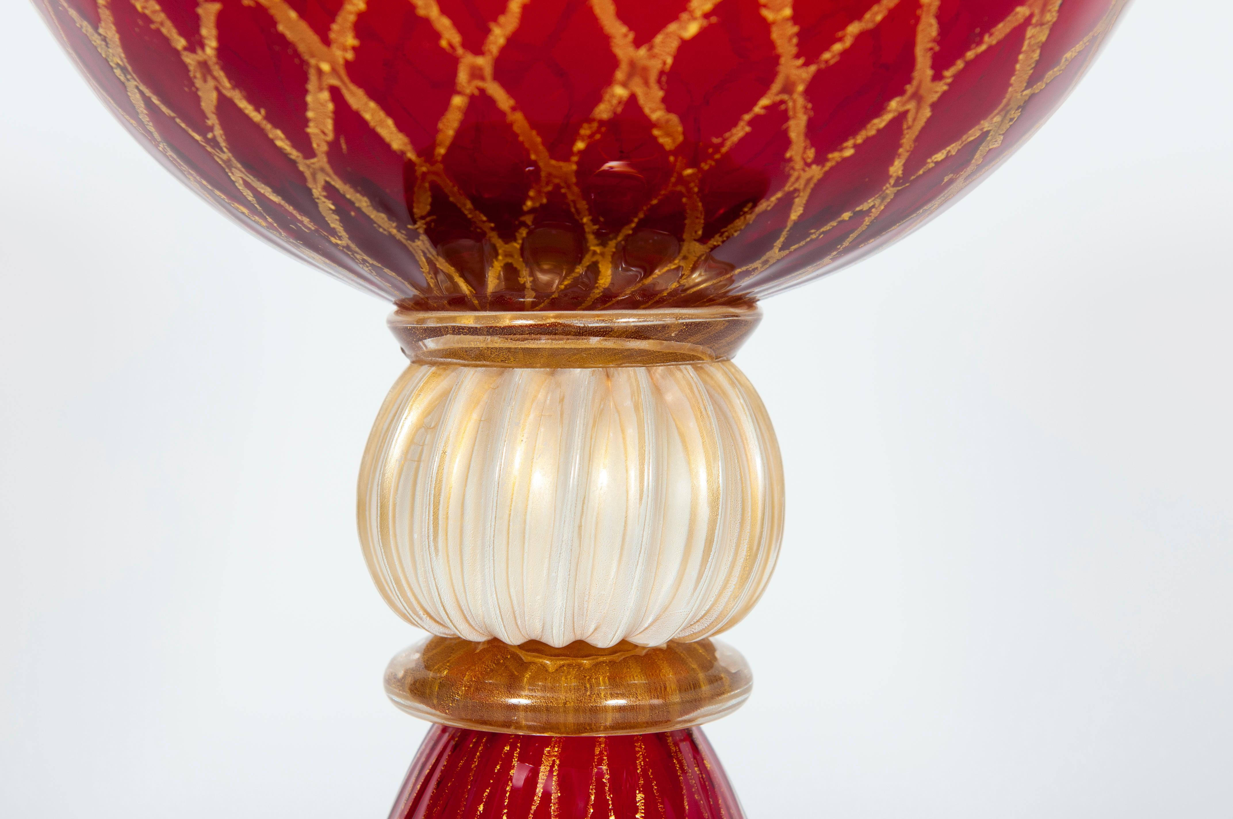 Italian Ruby Red Bowl with 24-Carat Gold Finishes in Blown Murano Glass, 1990s, Italy For Sale