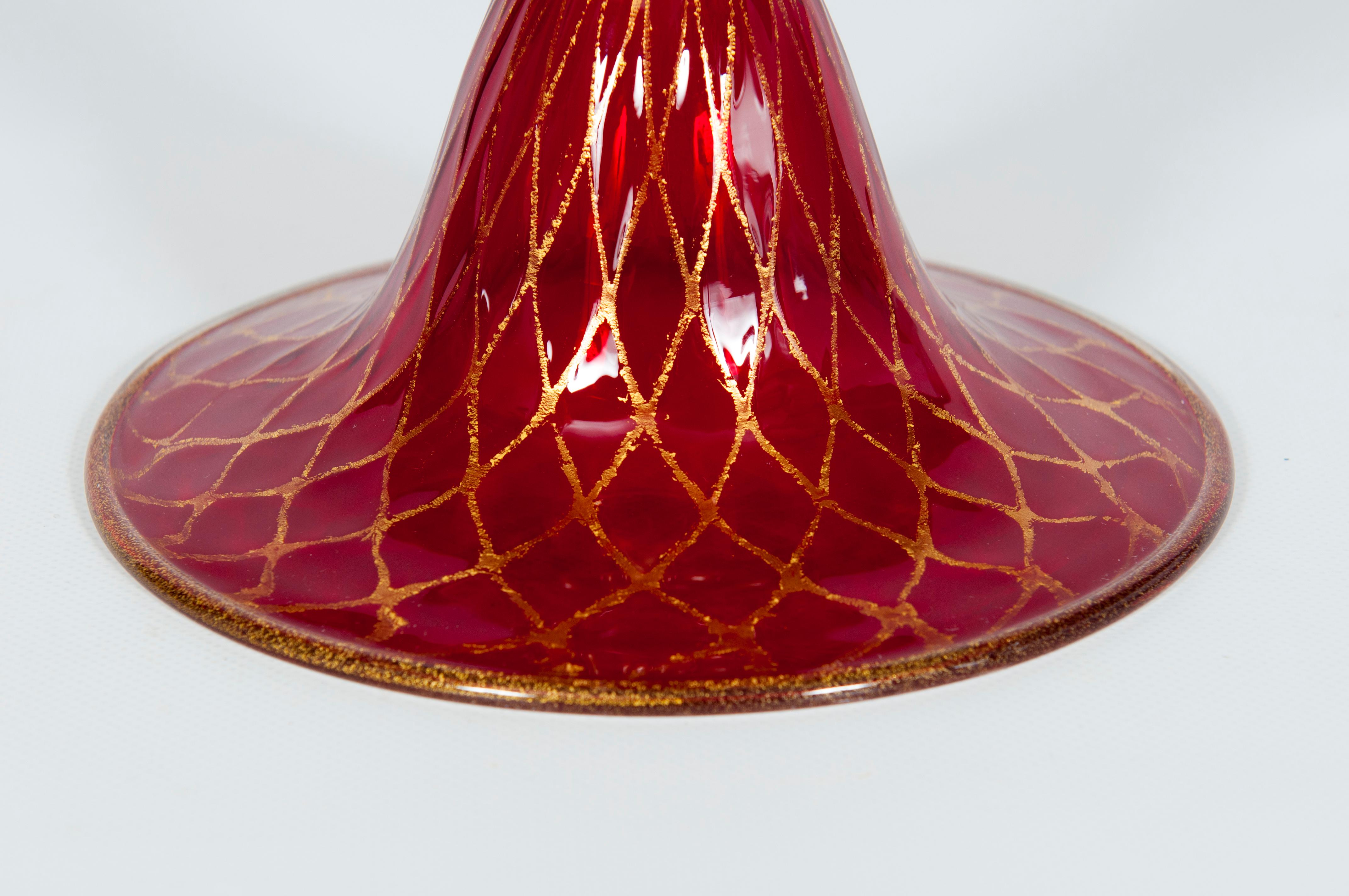 Hand-Crafted Ruby Red Bowl with 24-Carat Gold Finishes in Blown Murano Glass, 1990s, Italy For Sale