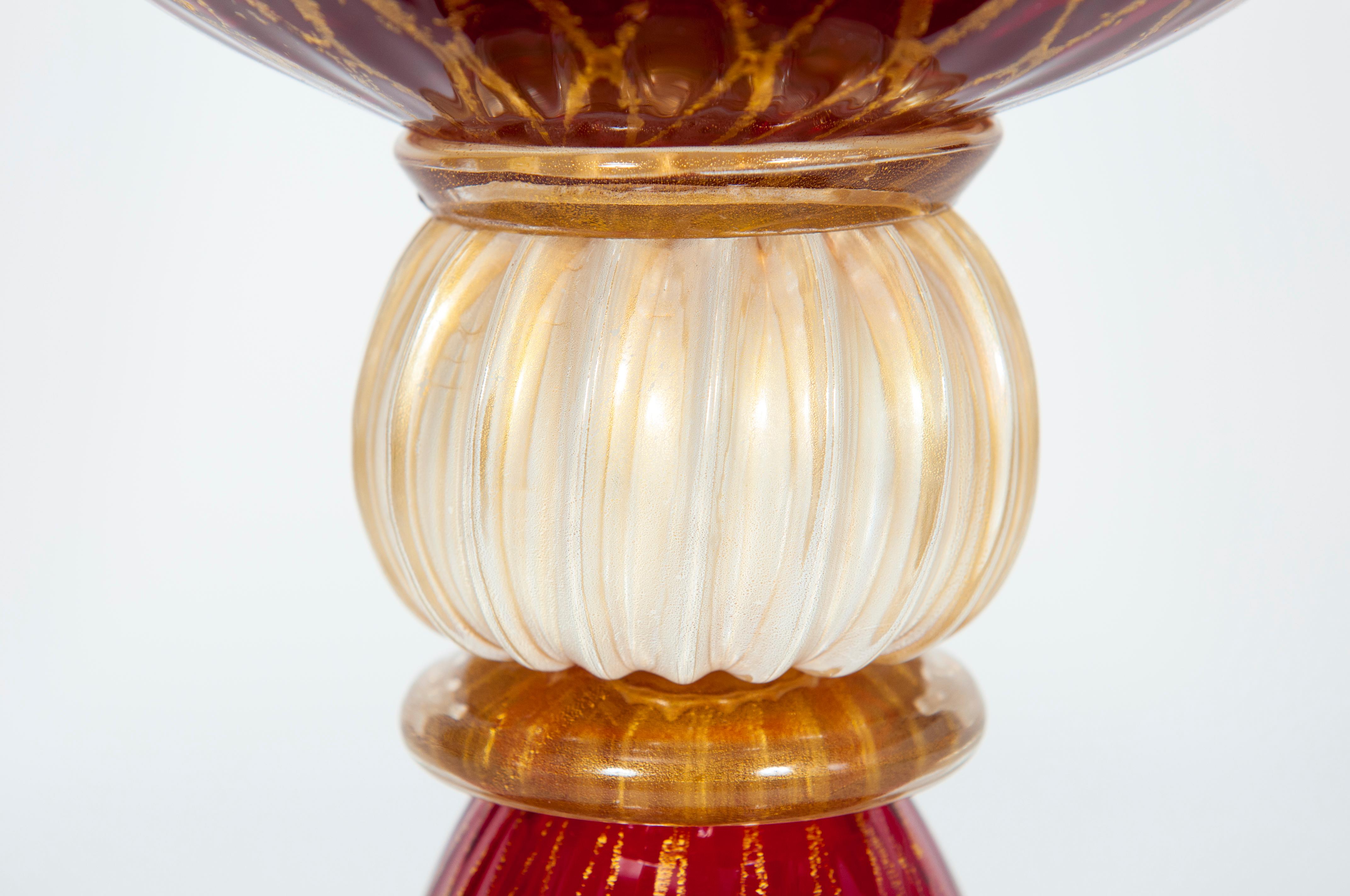 Late 20th Century Ruby Red Bowl with 24-Carat Gold Finishes in Blown Murano Glass, 1990s, Italy For Sale