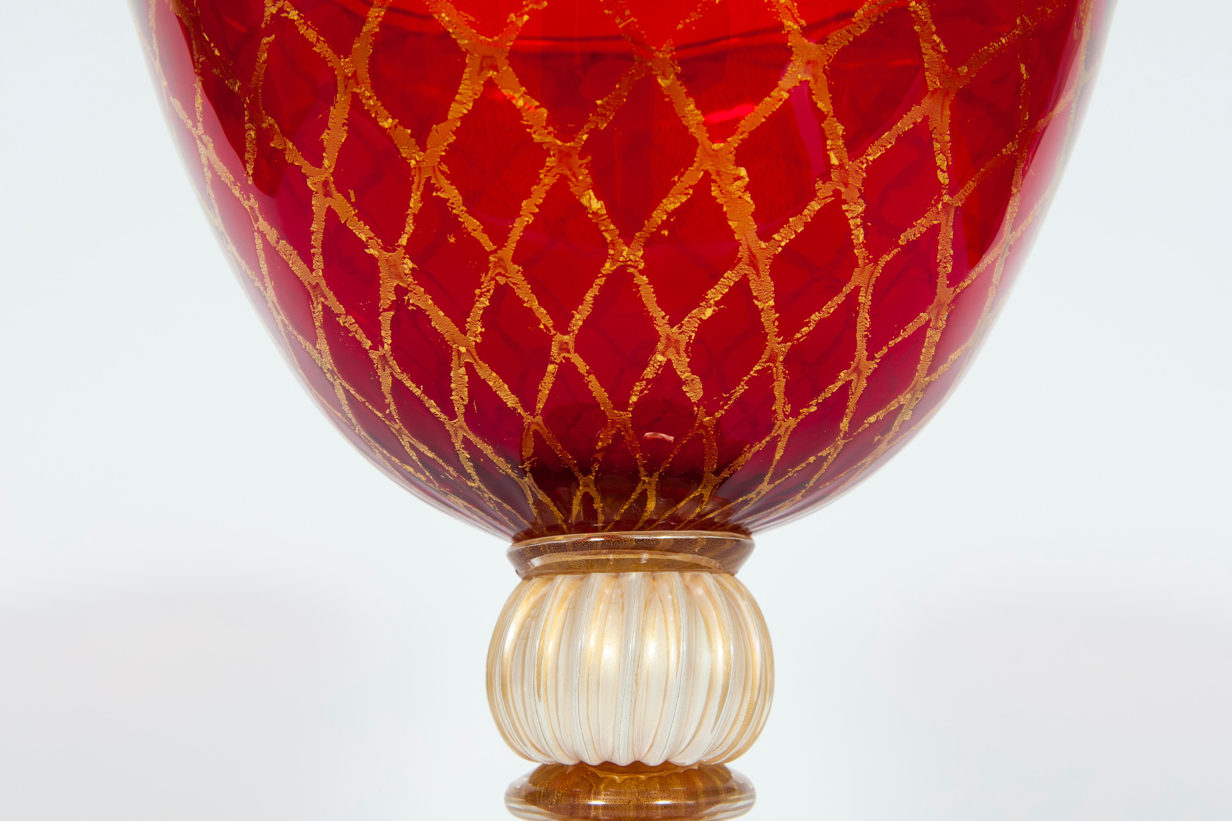 Blown Glass Ruby Red Bowl with 24-Carat Gold Finishes in Blown Murano Glass, 1990s, Italy For Sale